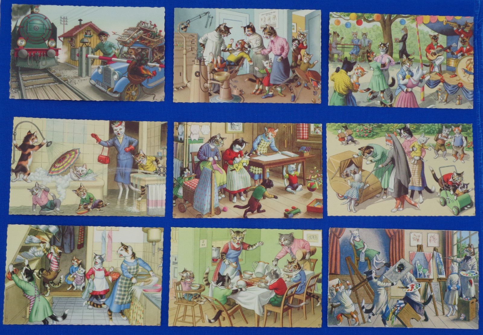 Vintage Collection Of Nine (9) Anthropomorphic Post Cards Cats Mainzer Lot #2