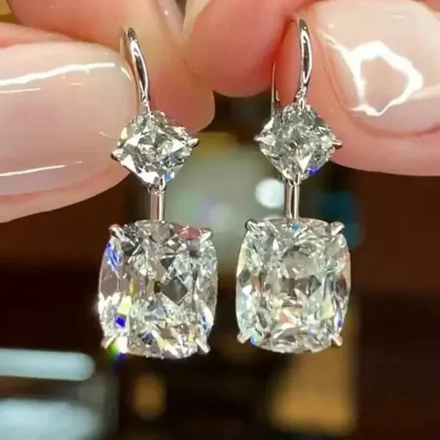 3Ct Cushion Lab Created Diamon Womens Drop Dangle Earrings 14K White Gold Plated
