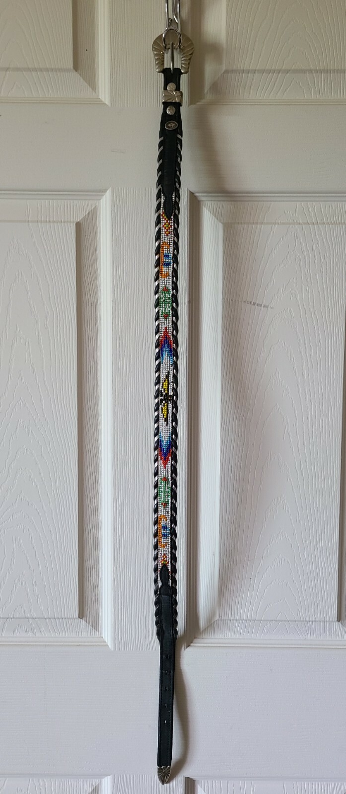 Vintage Black Leather Belt With Native American Beaded Designs