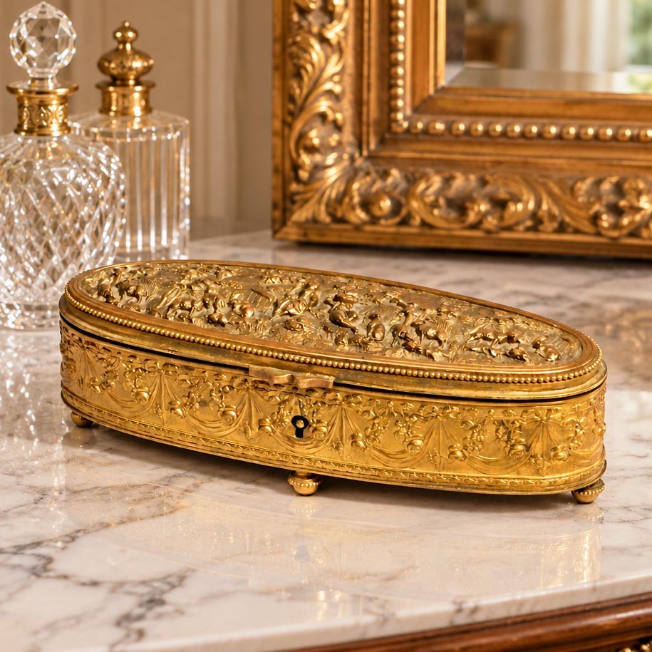 Small Antique French Jewelry Casket Box Gilt Metal Pastoral Relief Trinket Box 