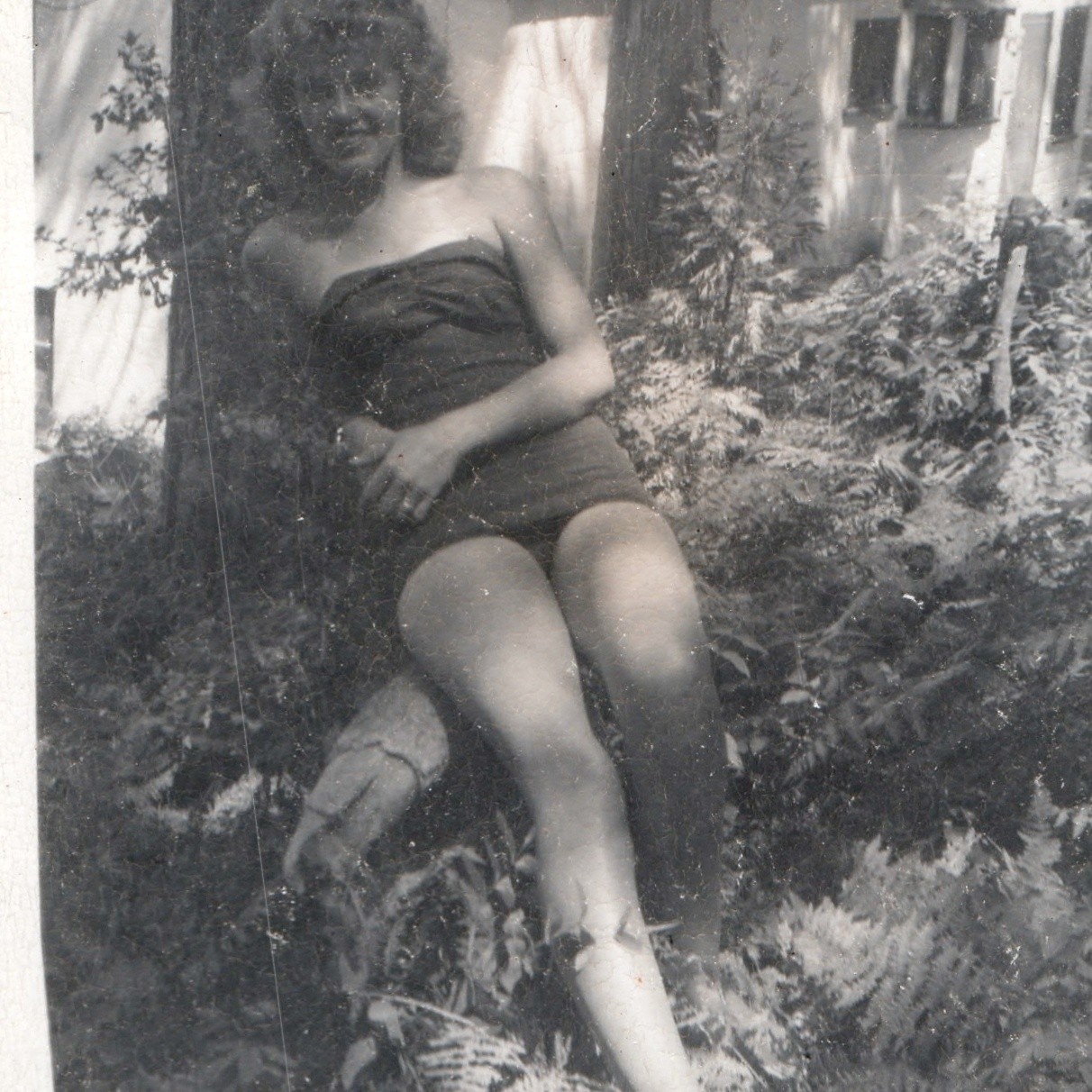 c1950s Strapless Swimsuit Barefoot Woman Cabin Snapshot Legs Fern Woods Vintage