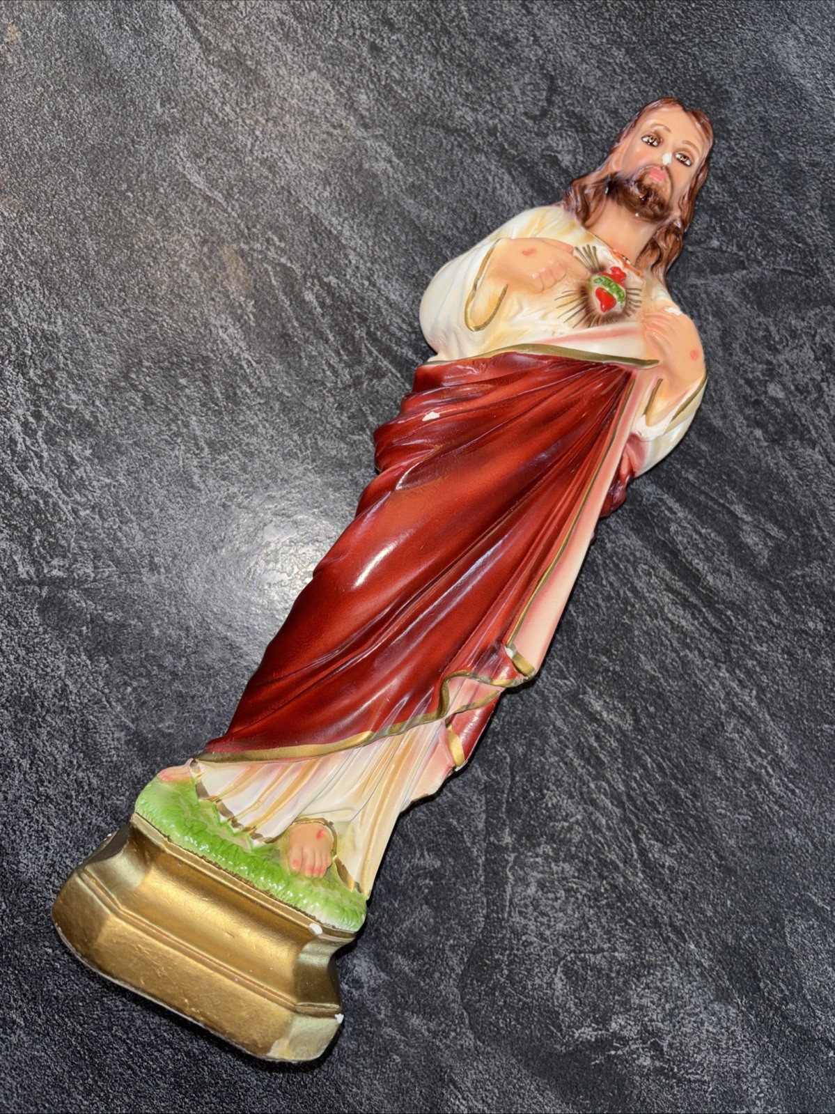 VINTAGE 1973 SACRED HEART OF JESUS COLUMBIA STATUARY CHALKWARE ITALY 12” Nice