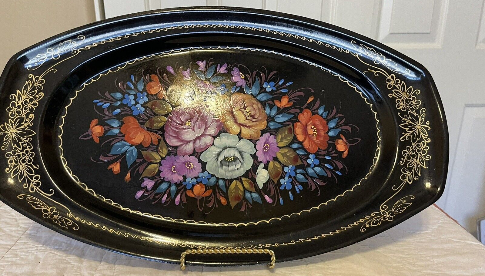 VTG Toleware Metal Tray Hand Painted Flowers with Black Gold Trim
