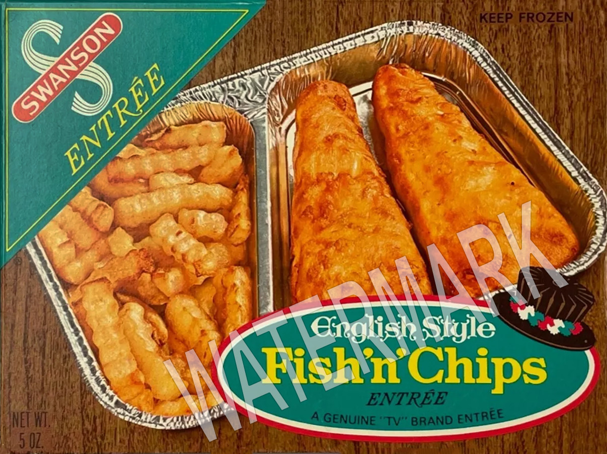 1970's SWANSON Fish and Chips TV dinner English Metal Fridge Magnet 3x4 7693