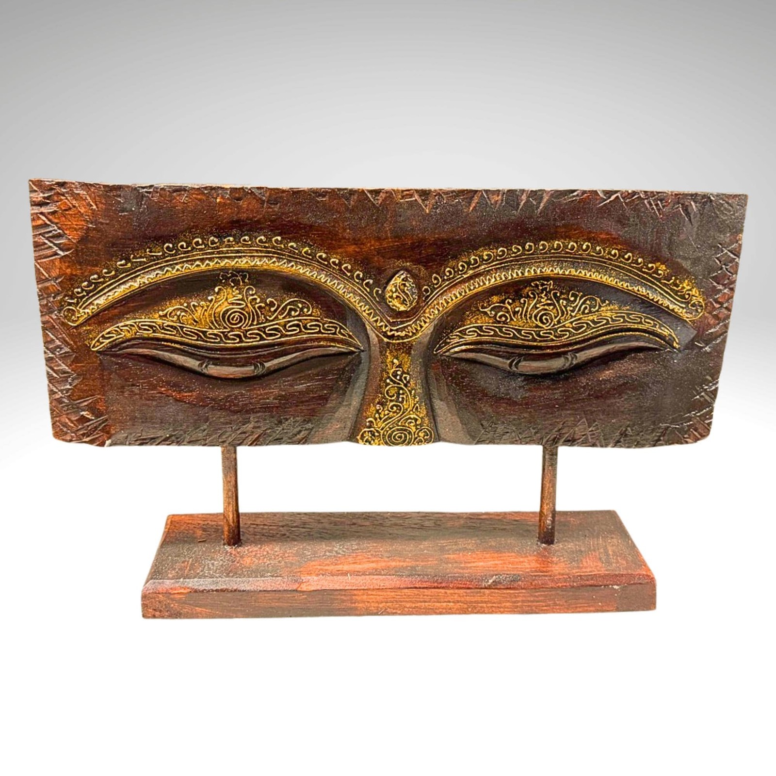 Eyes of Buddha Hand Carved Wood Statue Art Panel Sculpture Brown Balinese Art Eyes of Buddha Hand Carved Wood Statue Art Panel Sculpture Brown Balinese Art