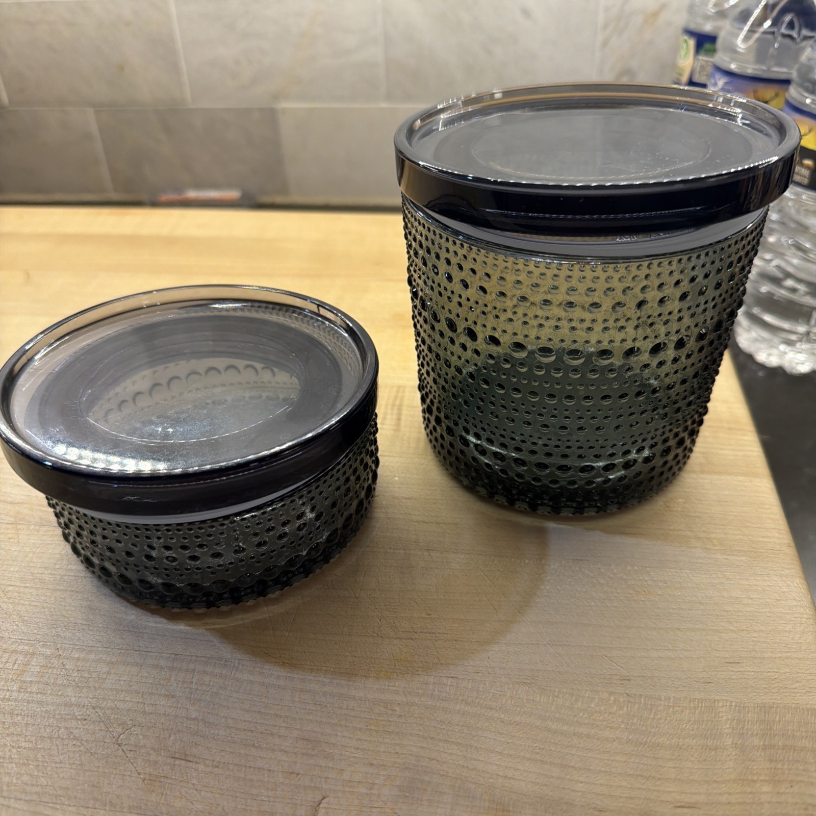 Iittala Finland Kastehelmi Dewdrop Lidded Storage Jars small and large grey gray Iittala Finland Kastehelmi Dewdrop Lidded Storage Jars small and large grey gray