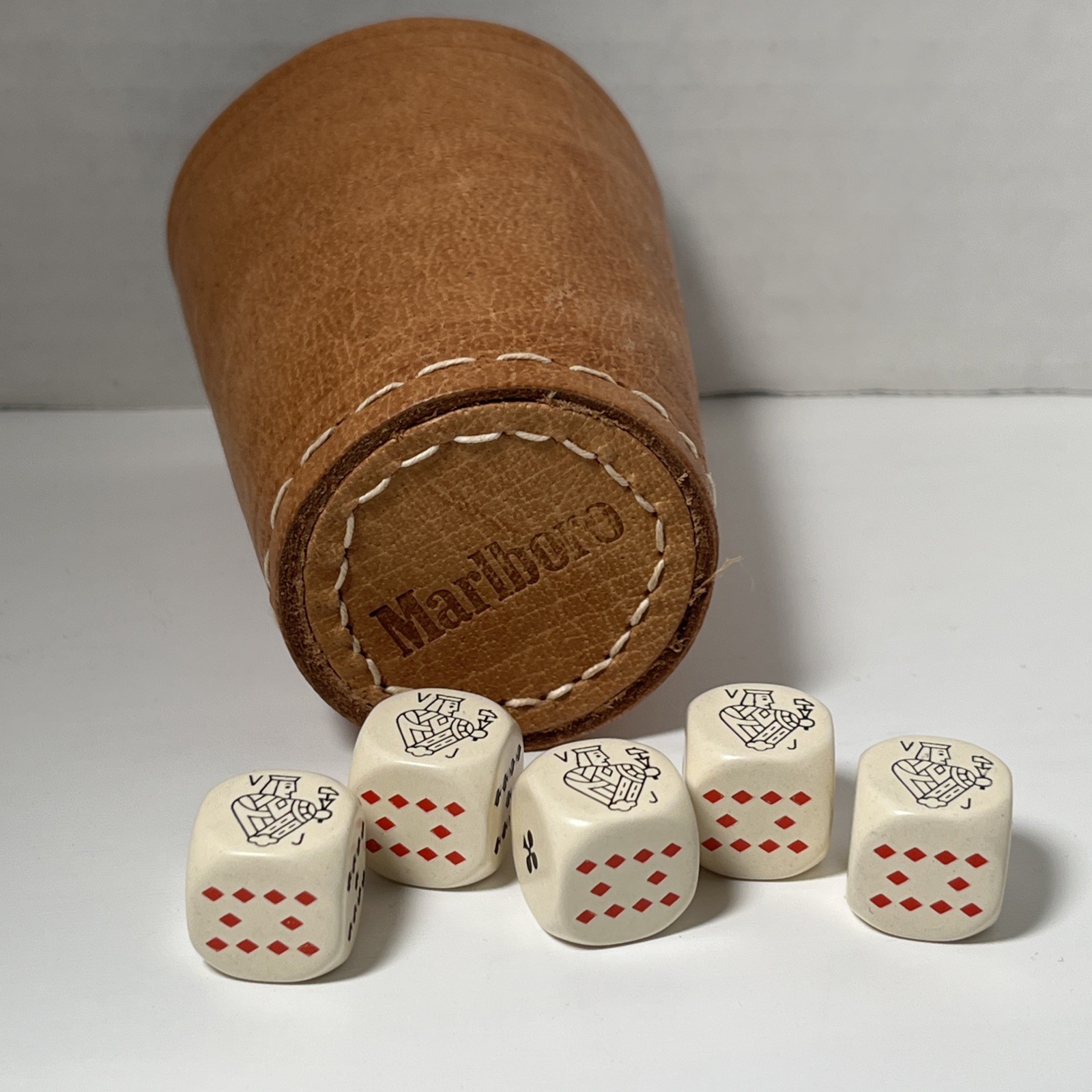 VTG Very Rare Marlboro Leather Cup Dice Shaker Hand Stitched Poker Dice 3 3/8”H