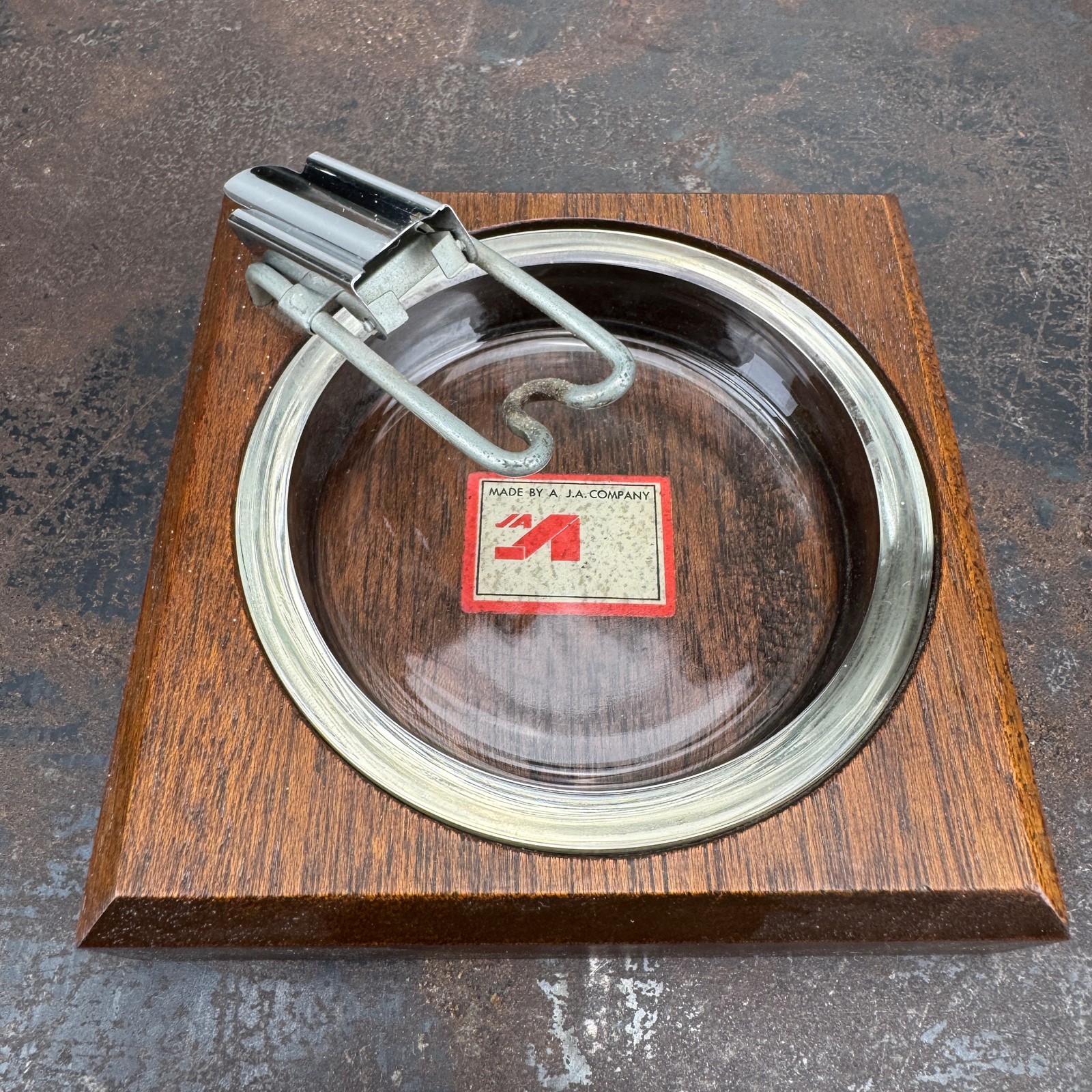 Vtg J.A Company Glass Ashtray w/ Wood Base & Unusual Metal Clip