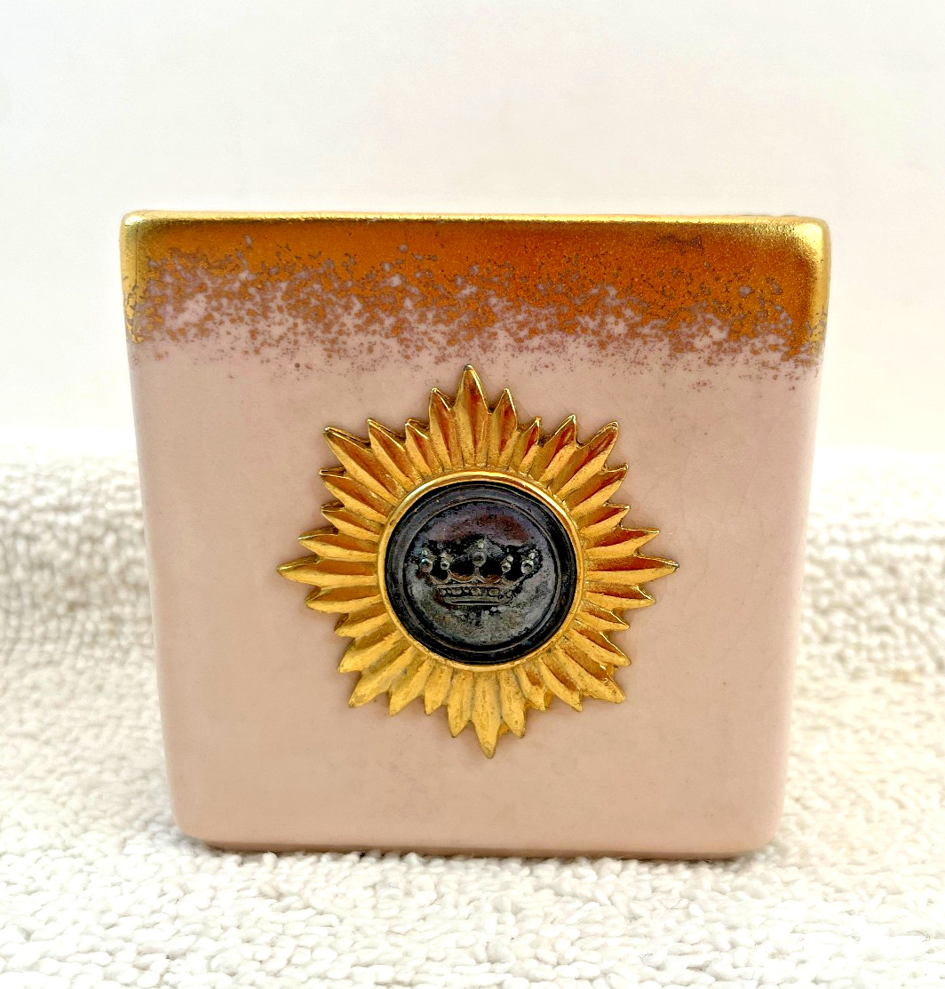 VTG Matte Pink Gold Pottery Cigarette Card Holder W/ Plated Metal Emblem 2.5