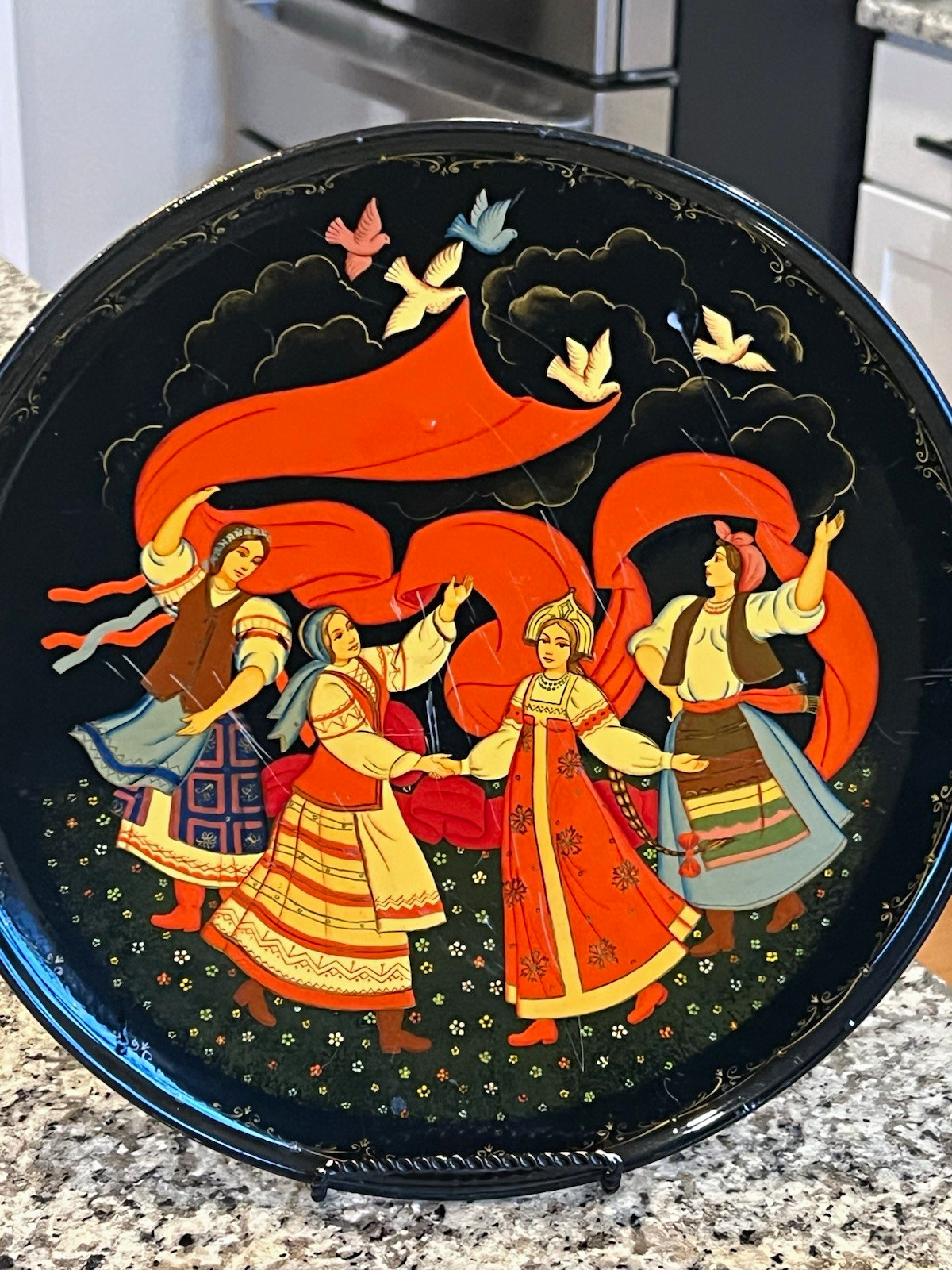 Vintage Russian Lacquer Plate Folk Art Hand-Painted Khorovod Dancers Doves USSR