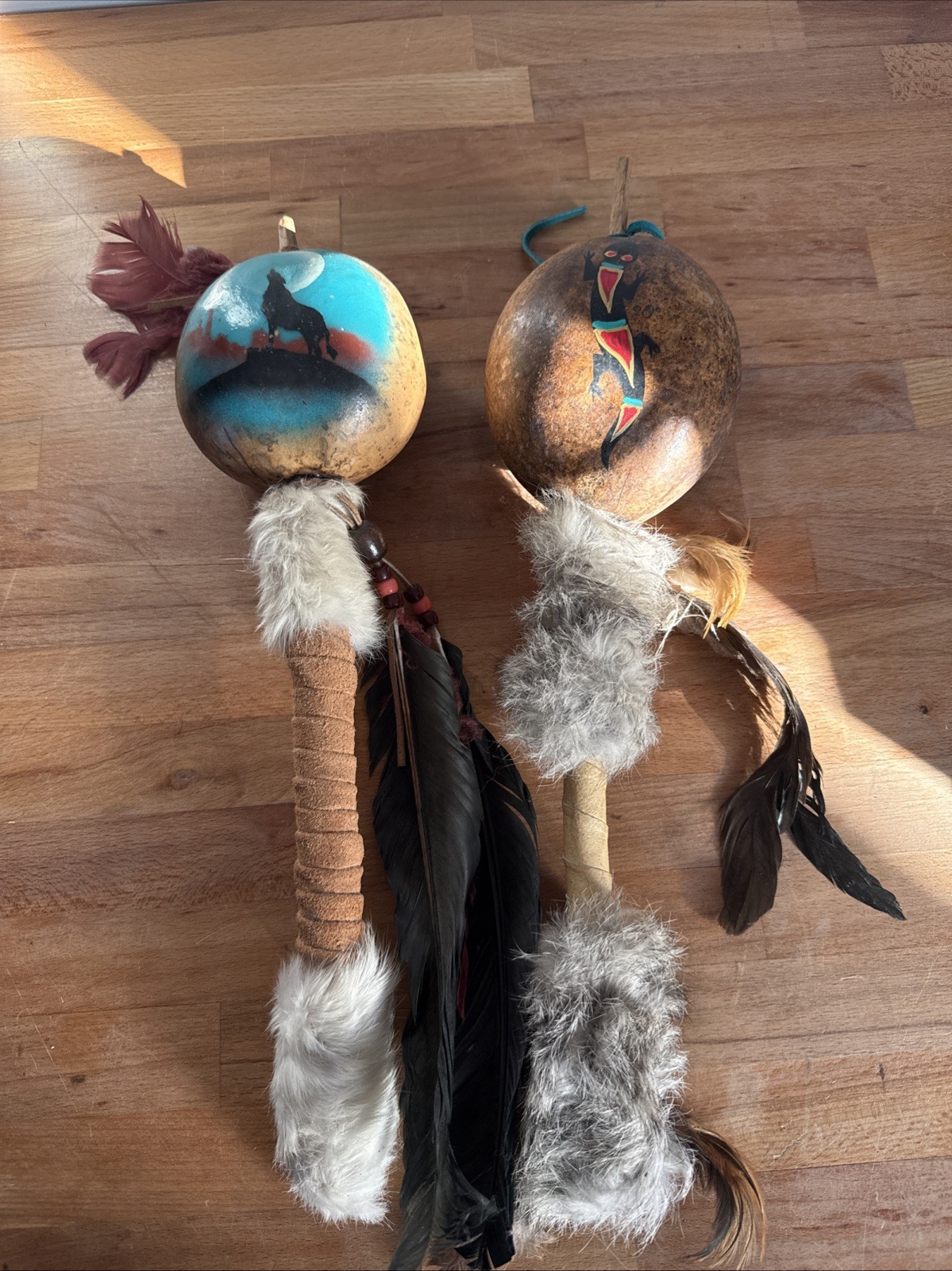 2 Native American Hand Made Hopi Gourd Rattle Hand