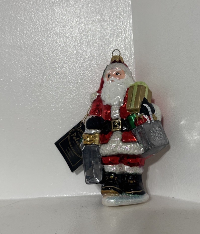 Kurt Adler Saks Fifth Avenue Polonaise Blown Glass Santa Shopping Ornament 7”