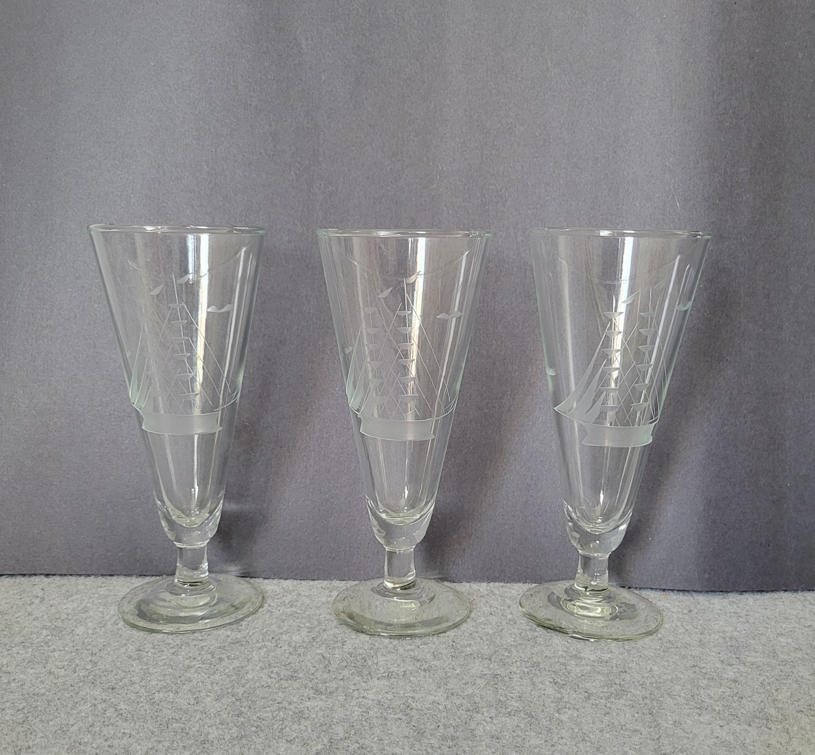 VTG Etched Susquehanna Glass Clipper Ship Sailboat Glasses 8 1/2 PilsnerSet 3