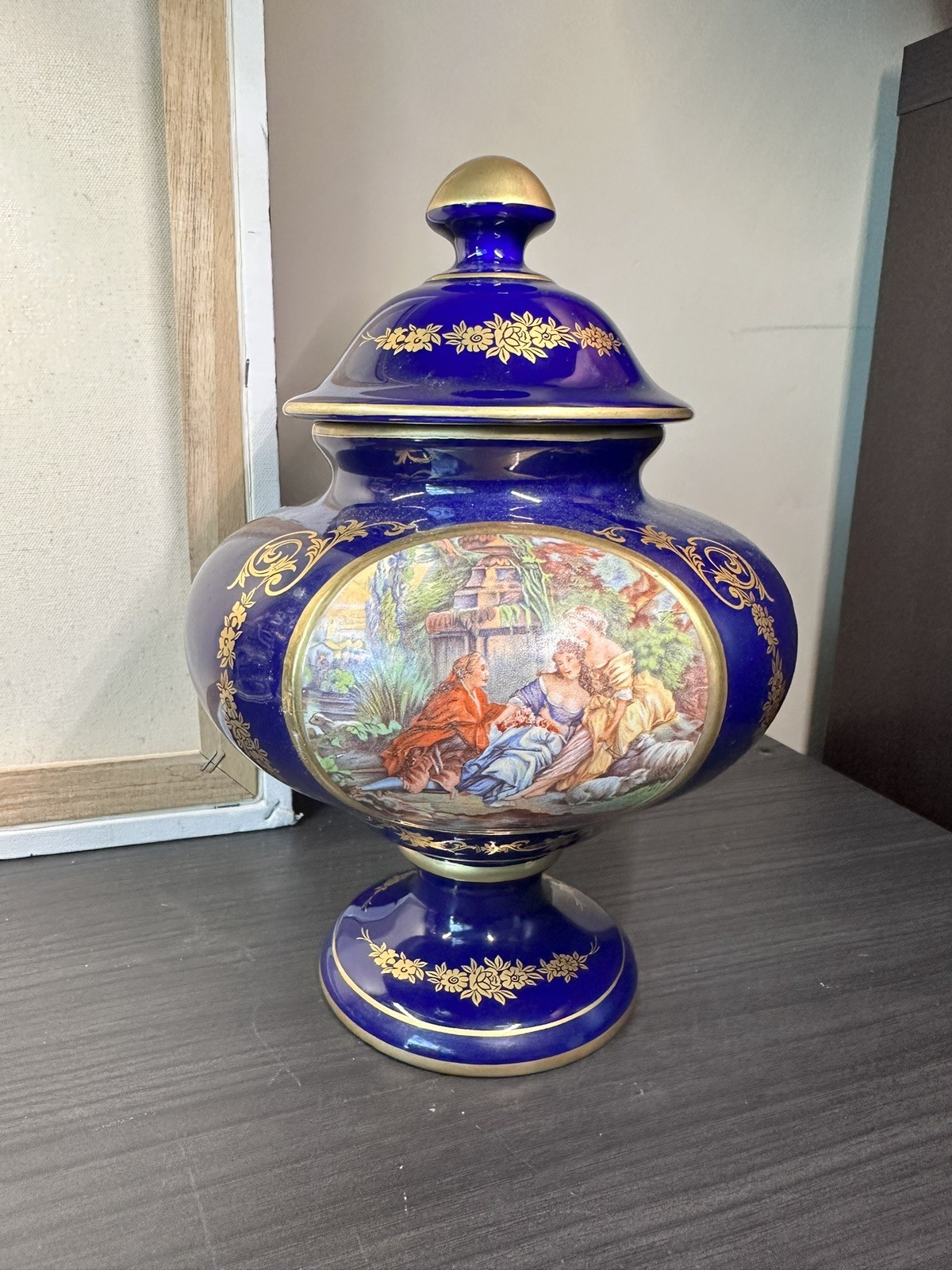 Keramos Italy Cobalt Blue Porcelain Urn Bowl Hand‑Painted Gold Detail  Vintage 