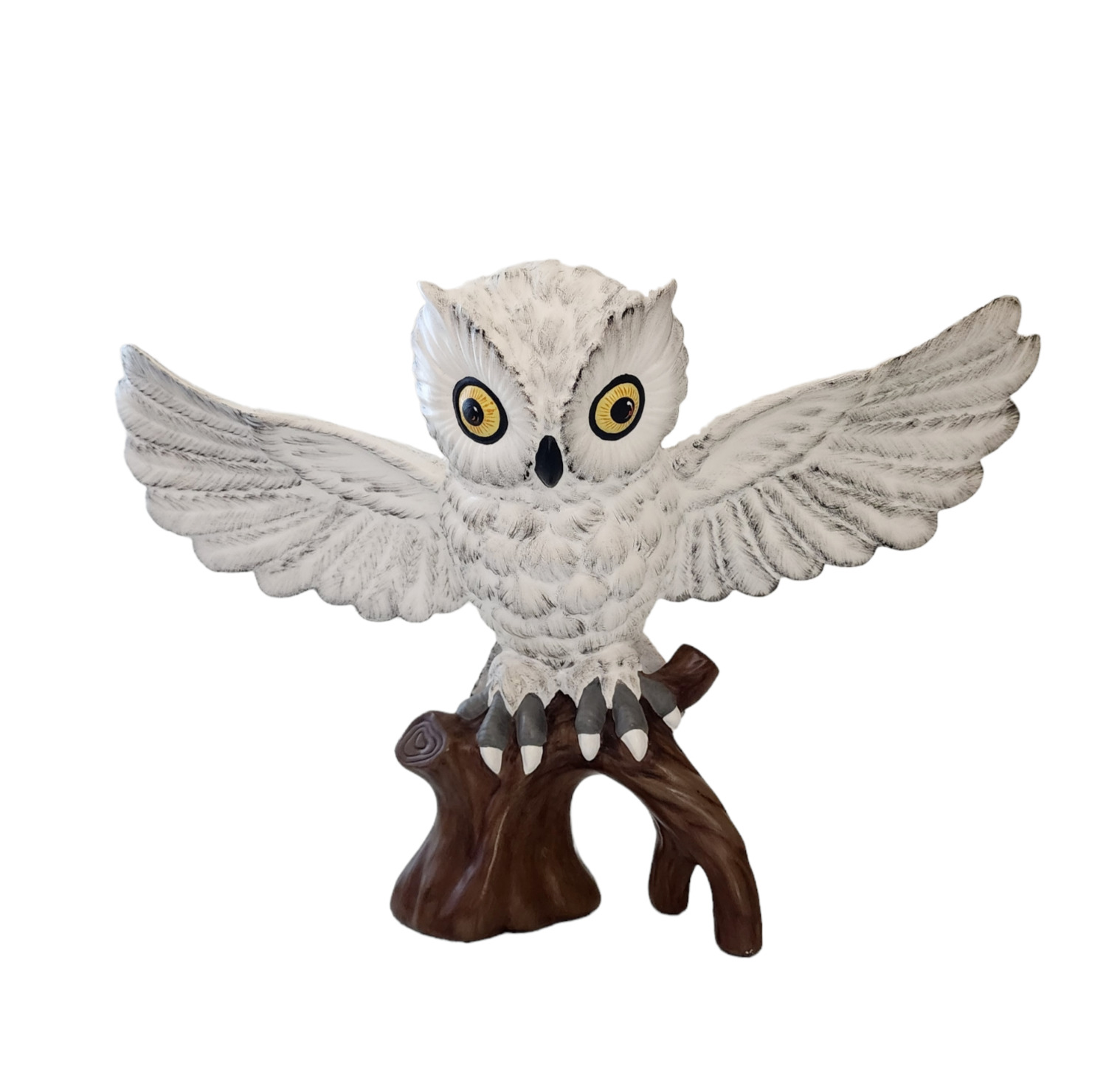 Vintage White Owl Statue Large Figurine Spread Wings Wood Perch Ceramic 1975
