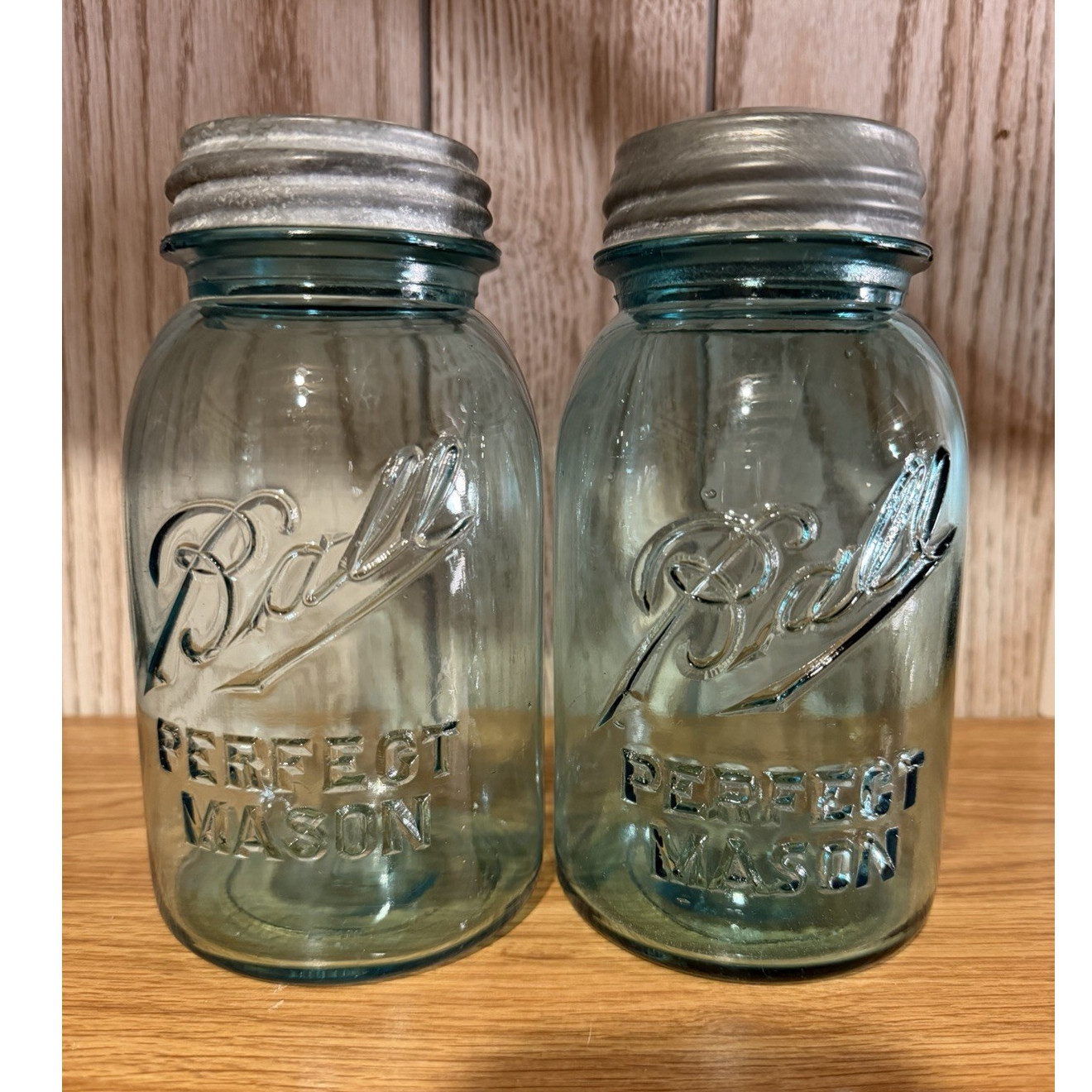(1910-1923) Perfect Ball Mason Aqua Blue Glass Jars w/ Zinc Lids Lot of 2 RARE