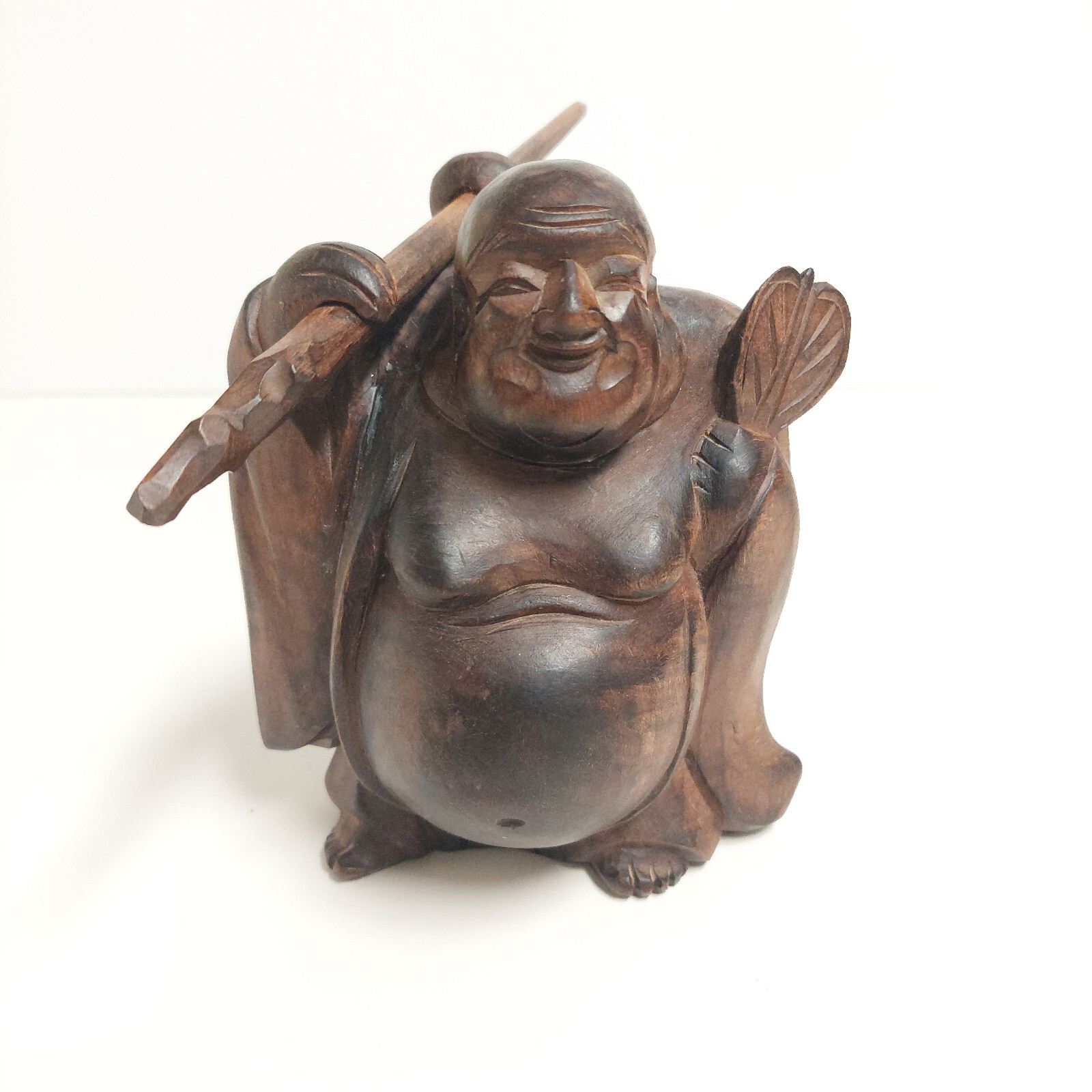 Smiling Buddah - Vintage hand-carved wooden smiling Buddah with detachable staff