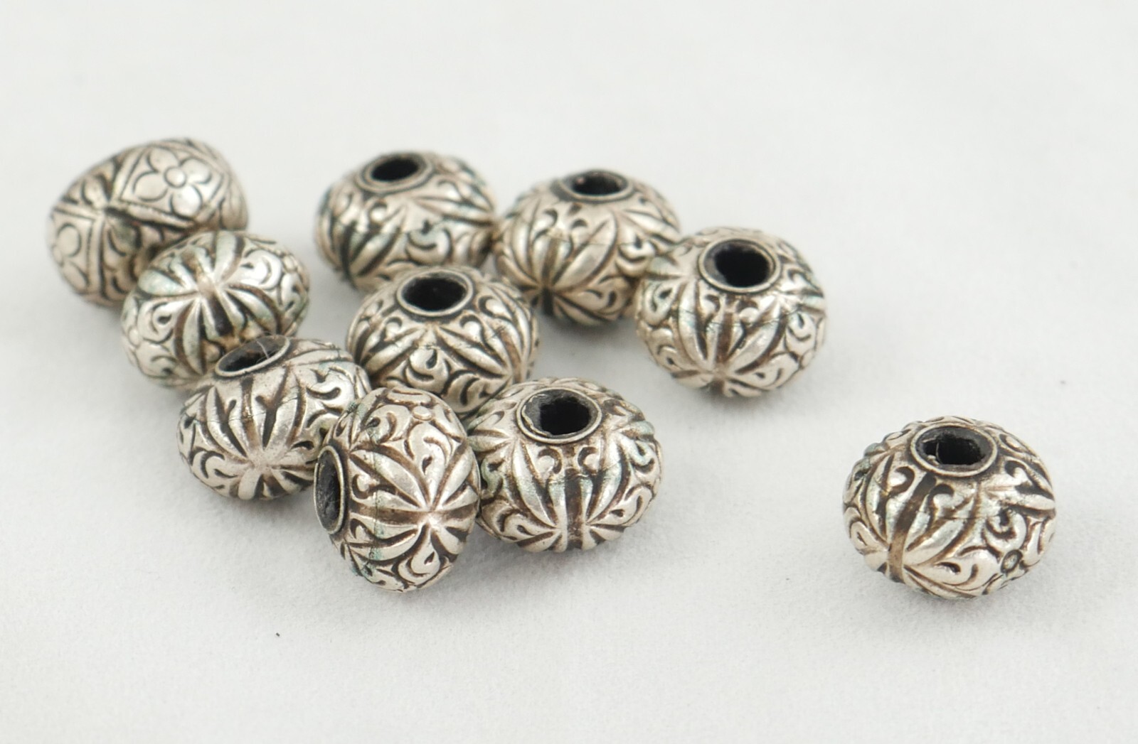 Ten 97% Silver Traditional Antique Thai/Khmer 13mm X 10mm Silver Beads -Unused