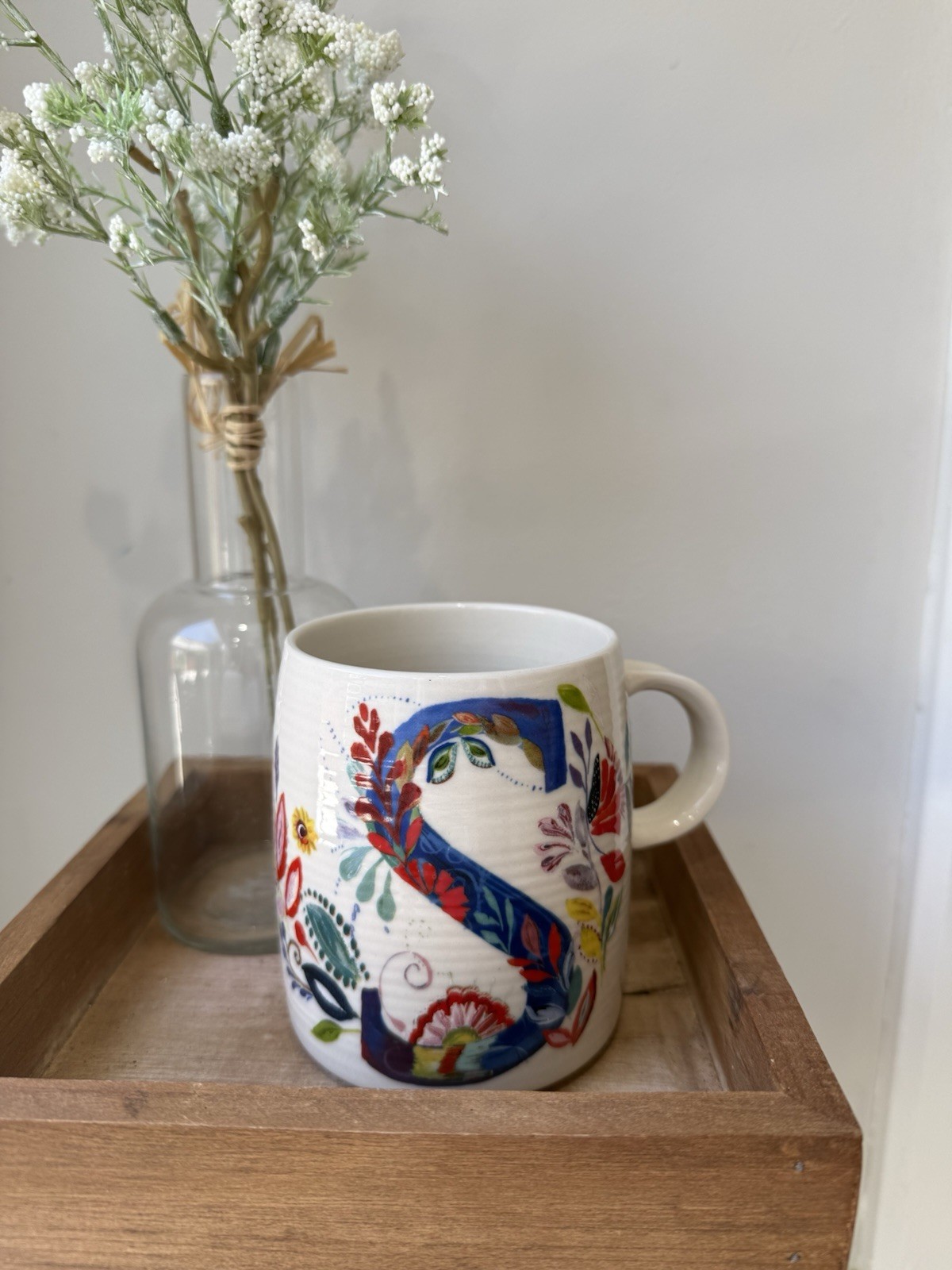Anthropologie Signed Starla M. Halfmann Monogram S Floral Ribbed Ceramic Mug