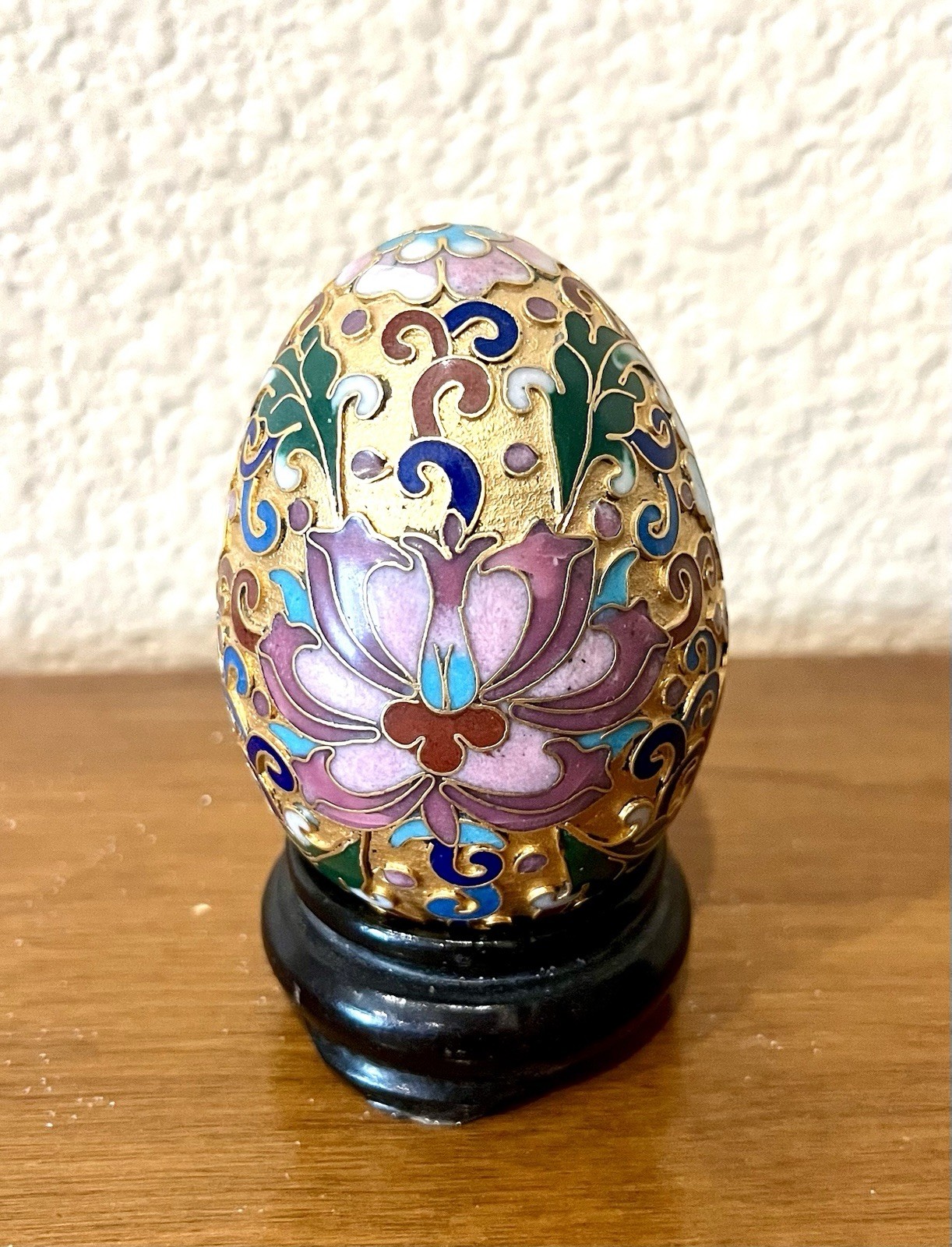 Vintage Enameled Brass Cloisonne Gold Carved Style Egg On Wood Stand 3”