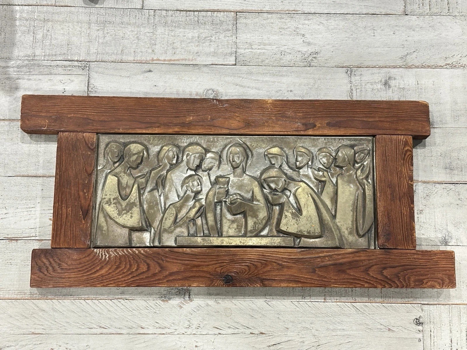 Vintage Heavy Cast Metal Last Supper 3D Relief Thick Dark Wood Framed Art 21x9”