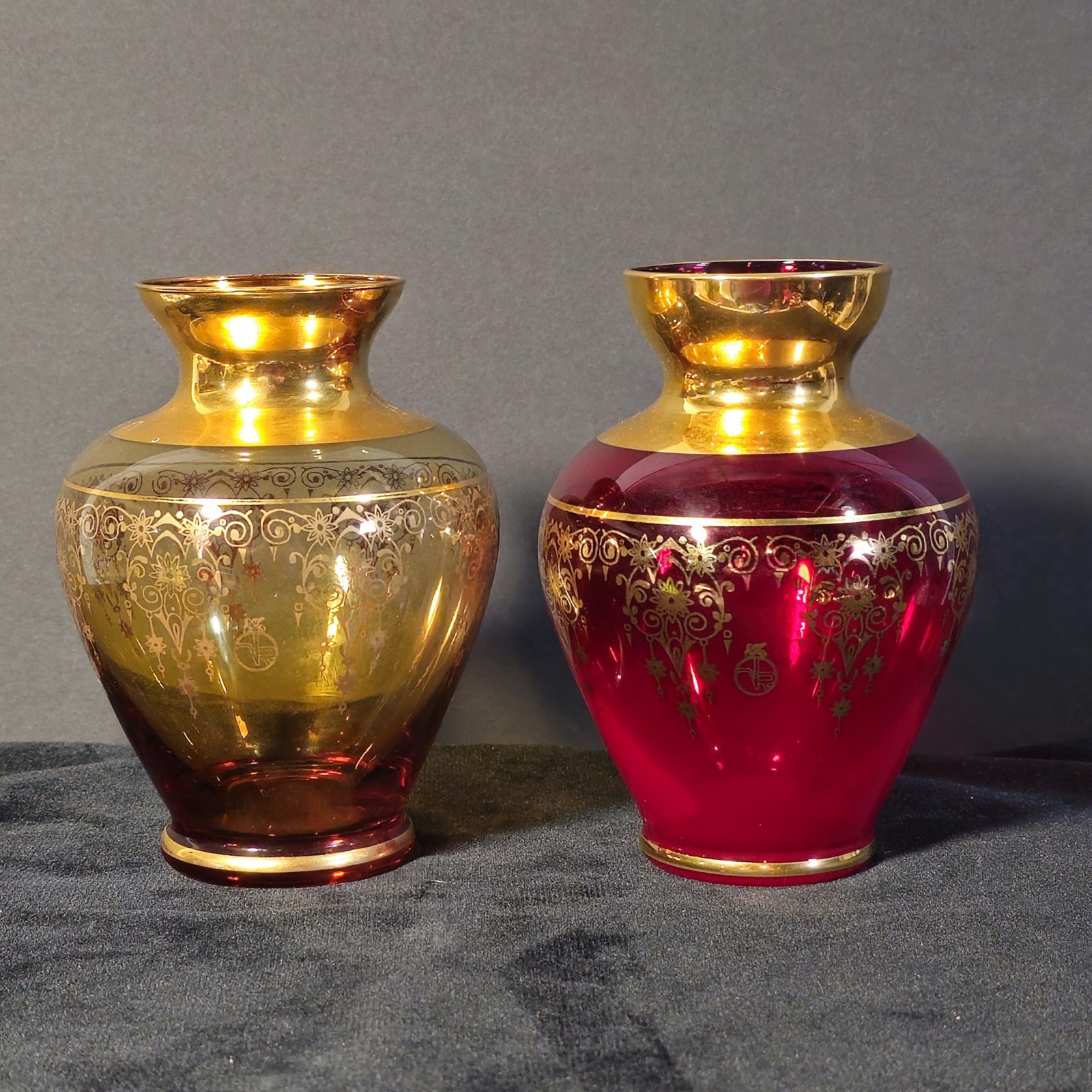 Vecchia Murano Amber Honey Ruby Red Glass Vase Pair 5in Gold Gilt Lot of 2