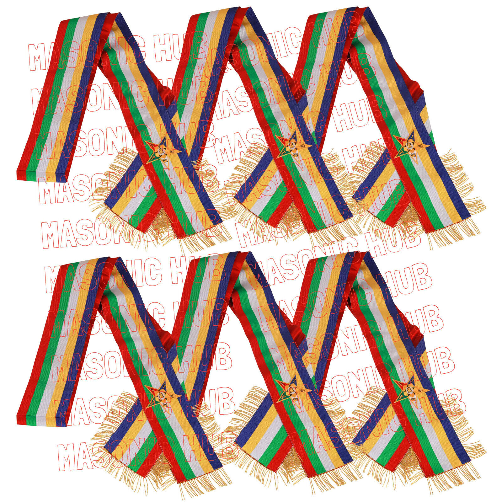  MASONIC ORDER OF THE EASTERN STAR OES FIVE COLOR SASH WITH RED LINNING SET OF 6