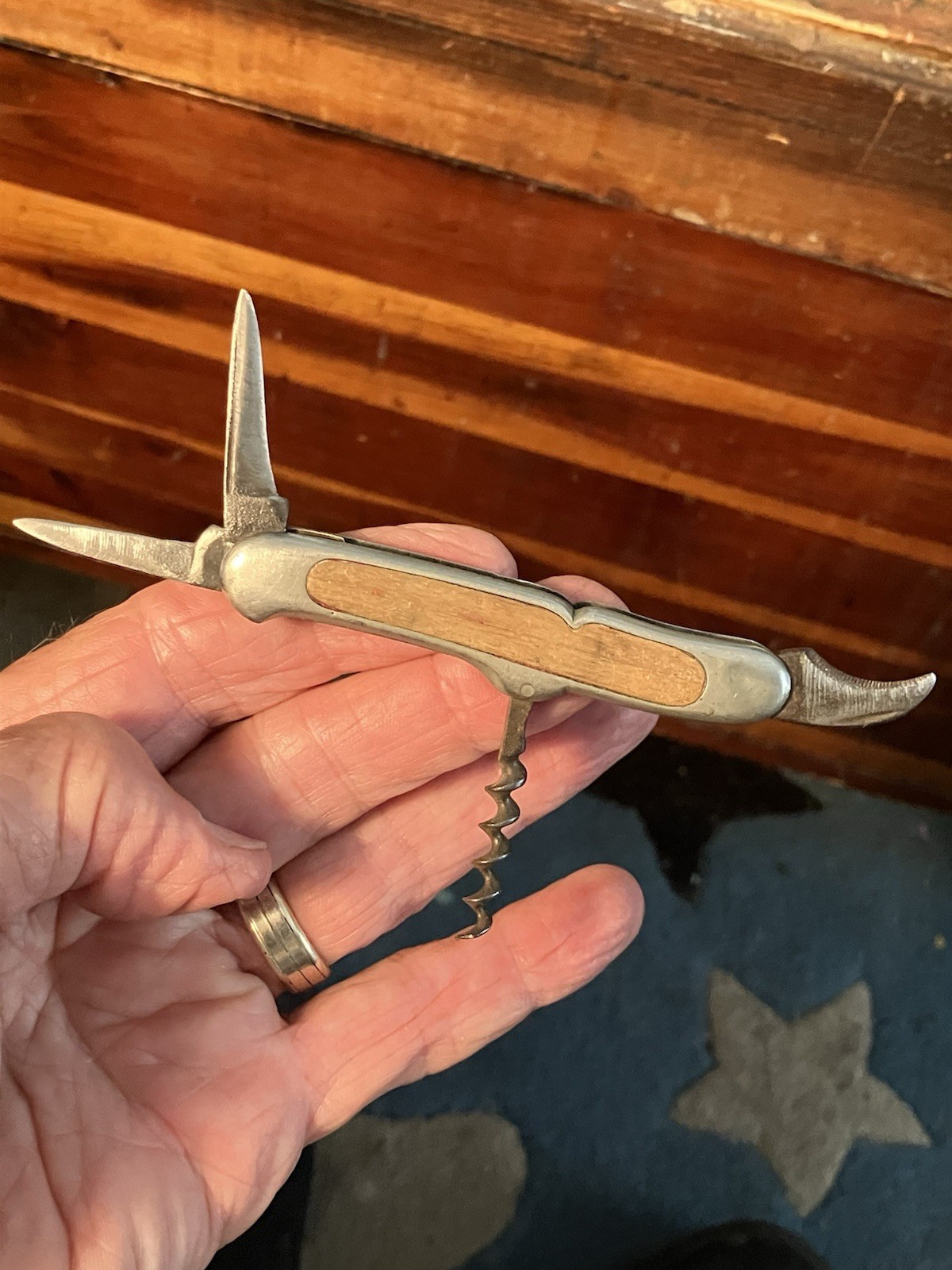 Antique Champagne Wine Bottle Opener 4-Bld #192  Knife w/ Hook Bld & Corkscrew