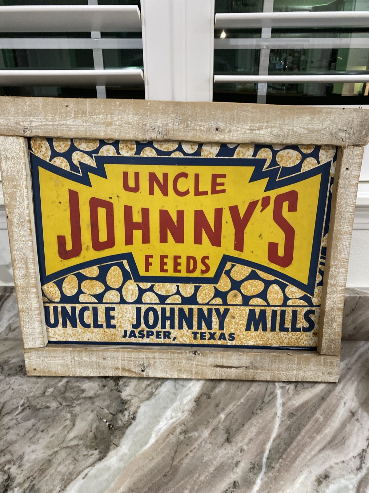 Vtg Uncle Johnny’s Feeds Metal Sign Gas Oil Farm Seed Jasper Texas Wood Frame