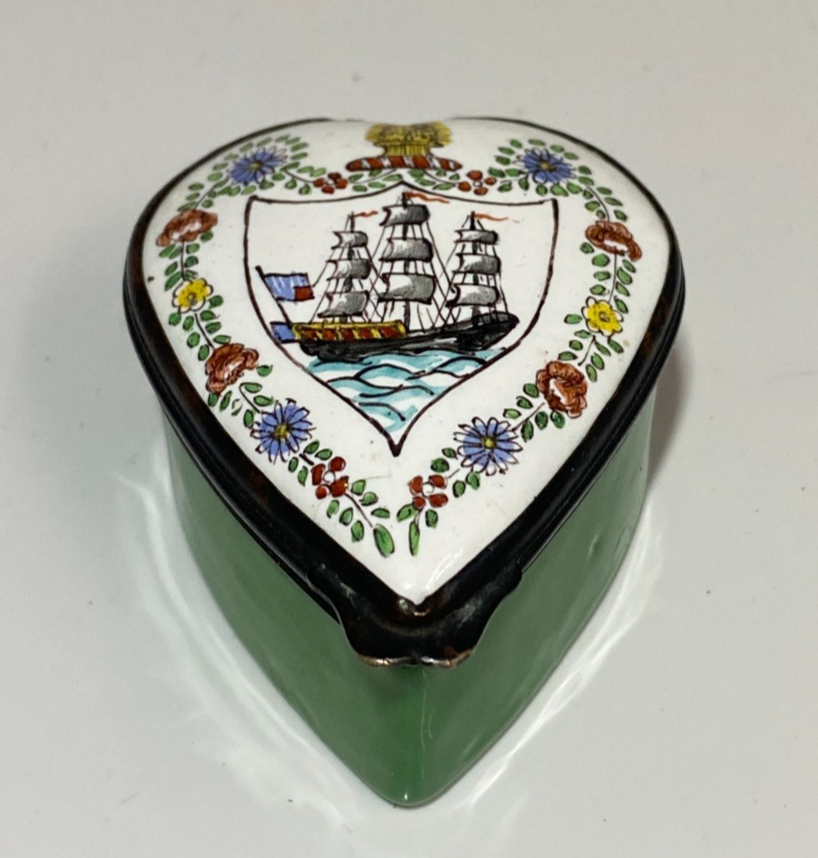 Antique c1785 18thC Georgian Bilston Enamel Naval Warship Patch Box Heart Shape