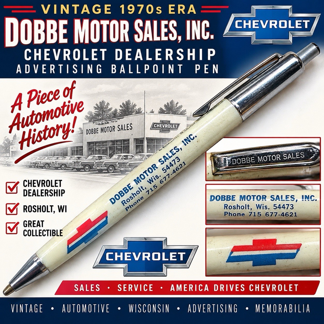 VTG 1970s Era Dobbe Motor Sales Chevrolet Dealership Advertising Ballpoint Pen