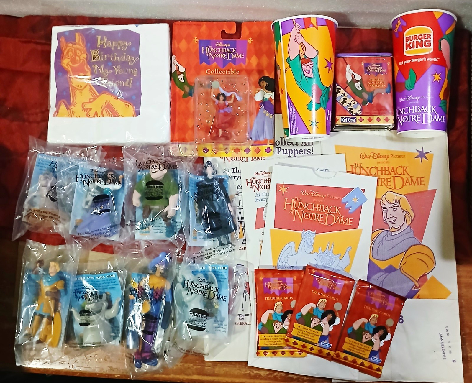 Burger King Kids Meal Premium Set Disney Hunchback Notre Dame Cups Toys Cards