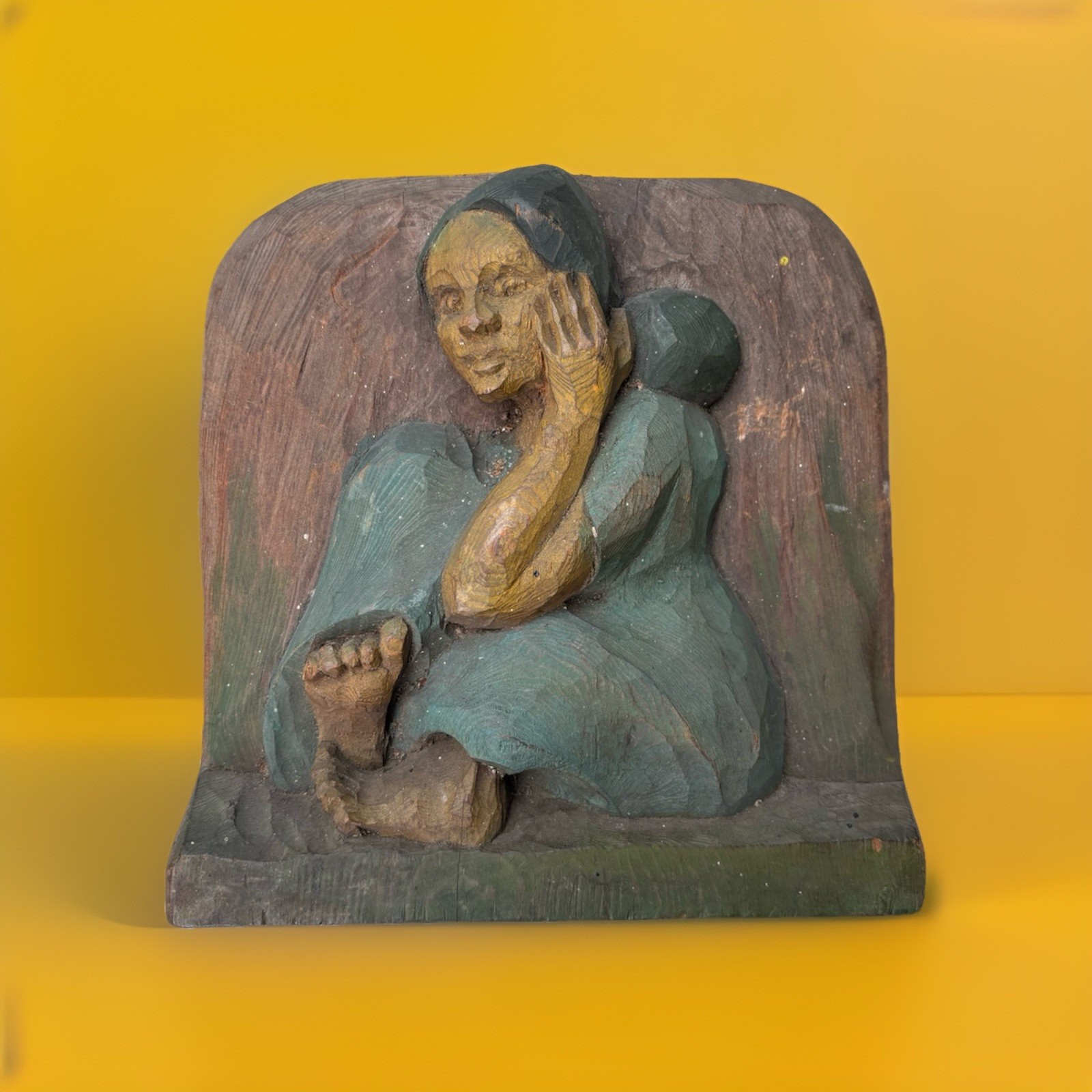 1940s Polish Folk Carving AZ African Diaspora Relief Wood Figure Black Woman