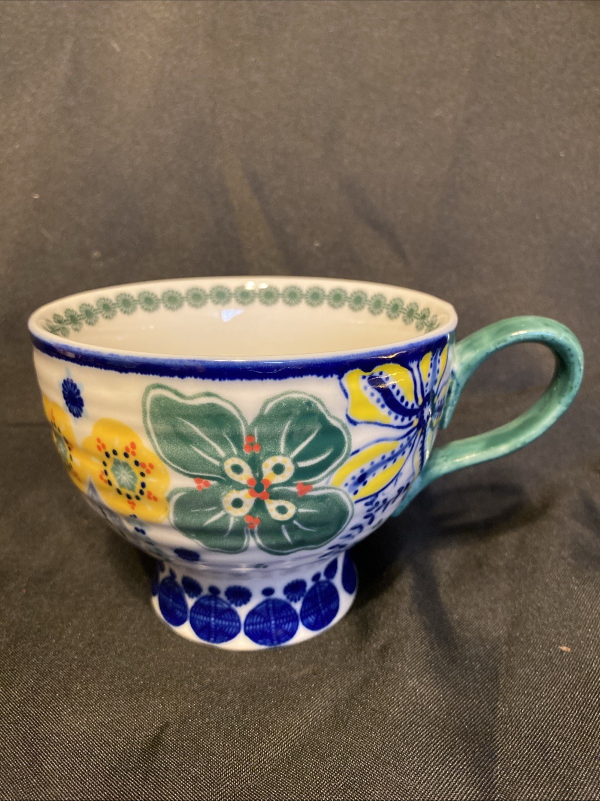 Anthropologie Jennifer Orkin Lewis Pedestal Mug - Floral Flowers Green Handle
