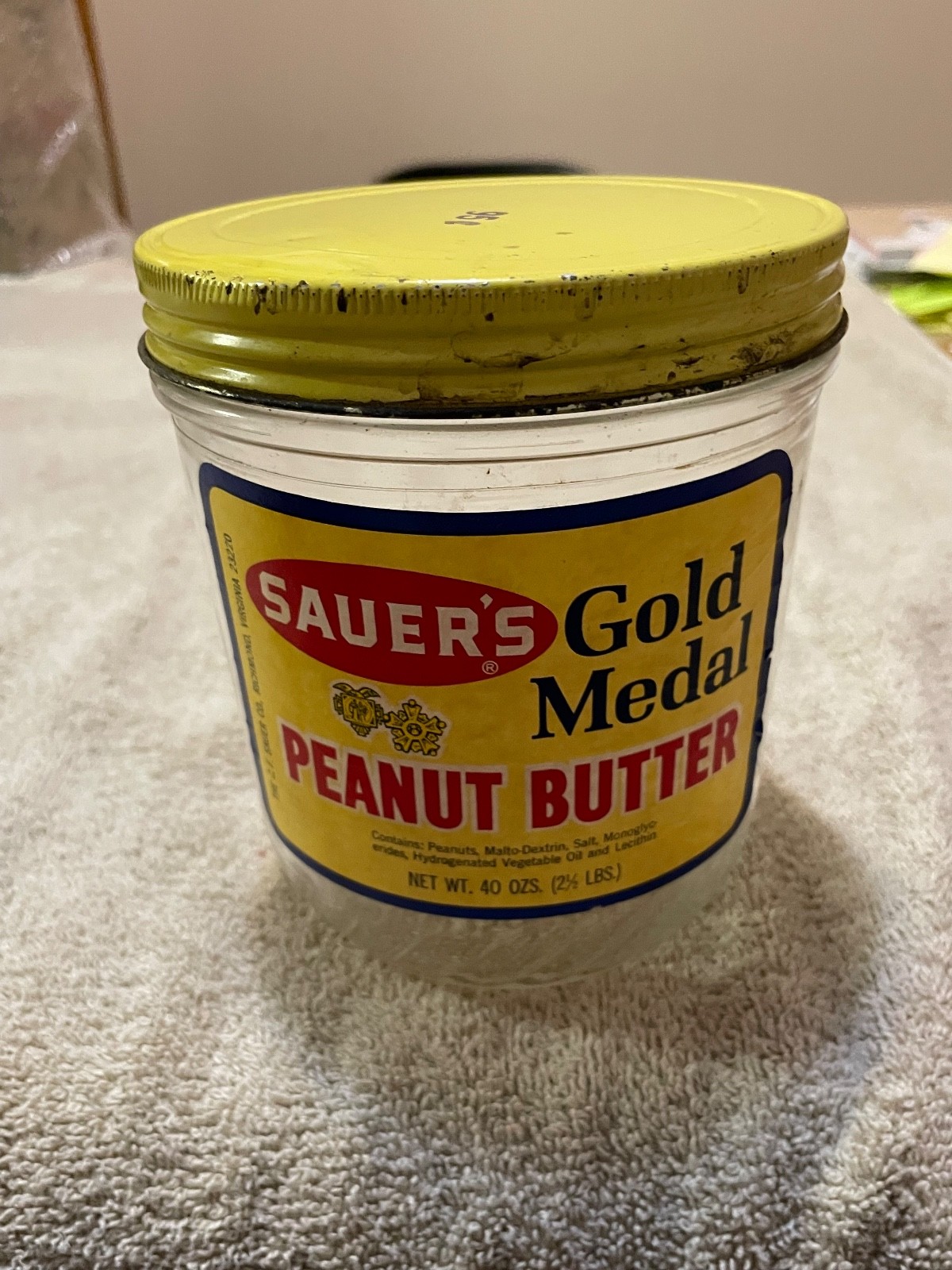 Vintage Sauer's Yellow Medal Peanut Butter Glass Jar Paper Label 40 Ounces
