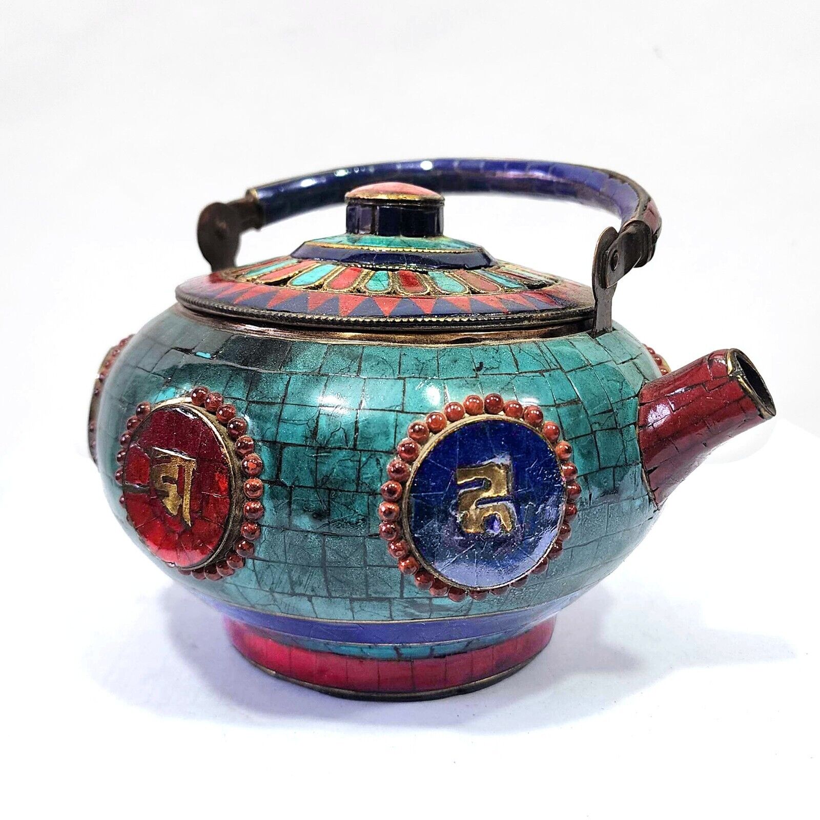 Tibetan Turquoise Stone Mosaic Tea Pot Kettle Water Copper Vessel Buddhist Nepal