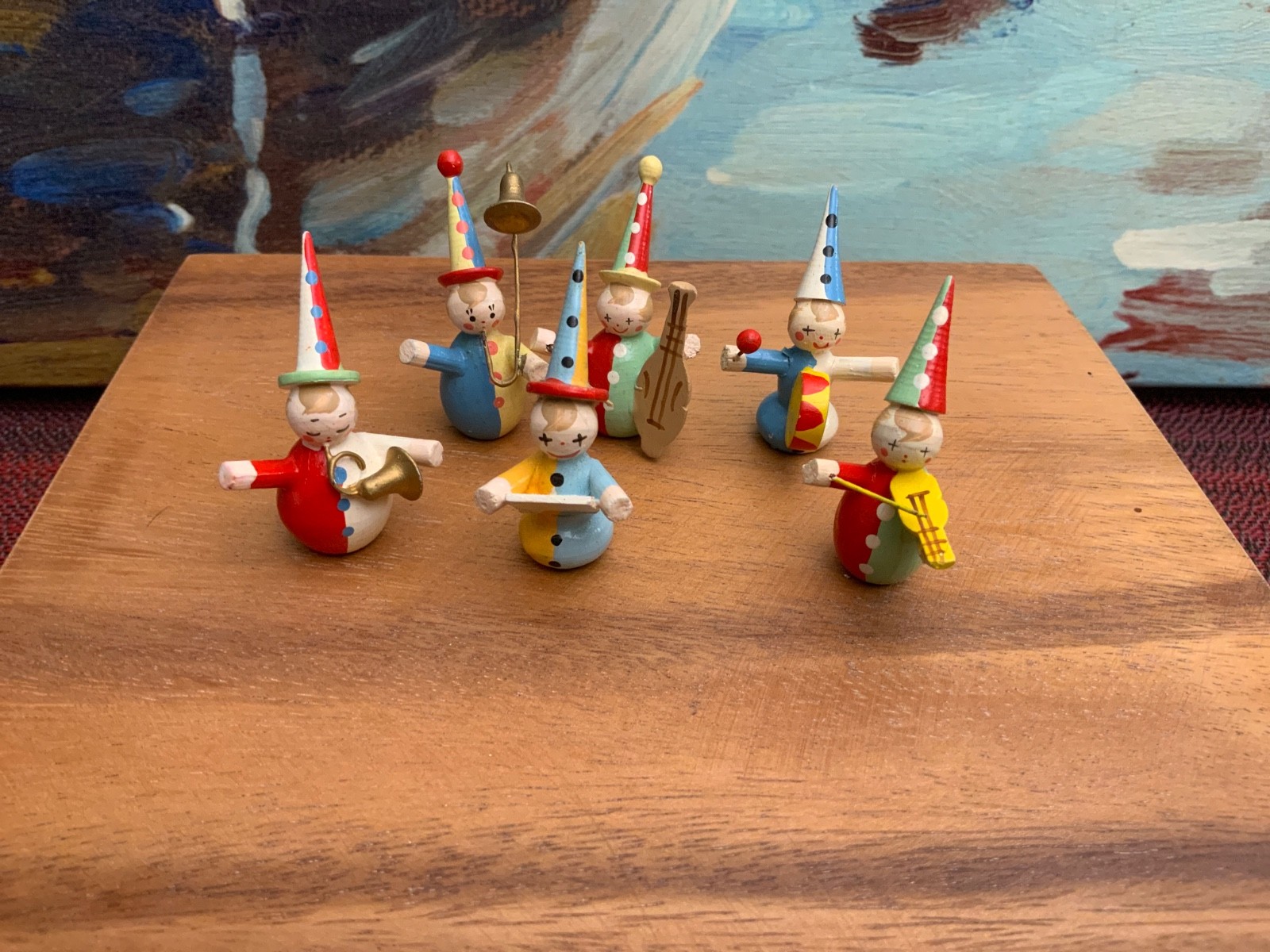 Vintage Set Of 6 Miniature Wooden Erzgebirge “The Clown Band”  German set #2