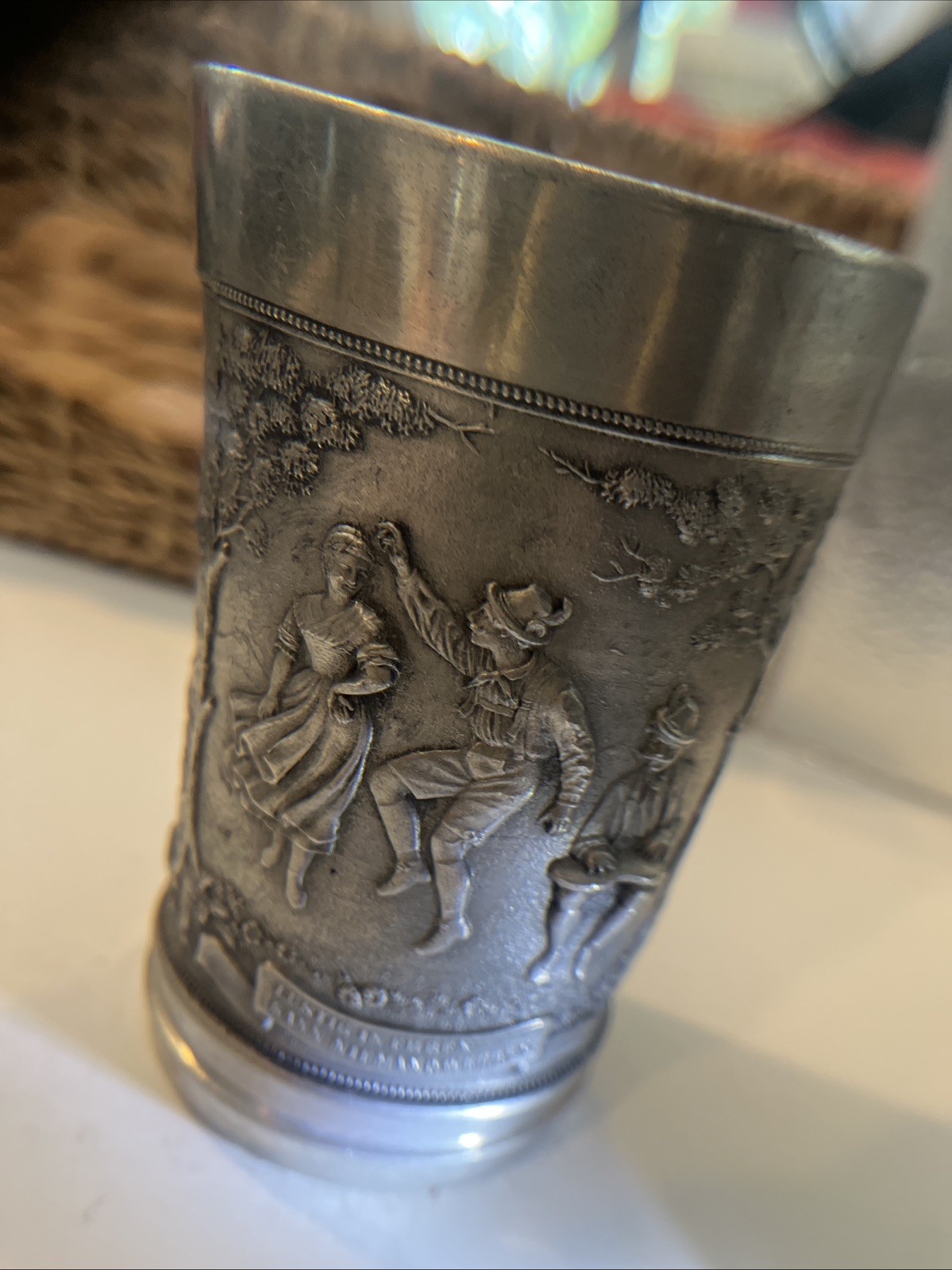 Vintage Frieling Zinn 95% Pewter German Relief Beaker Cup Folk Hunting 4.5”