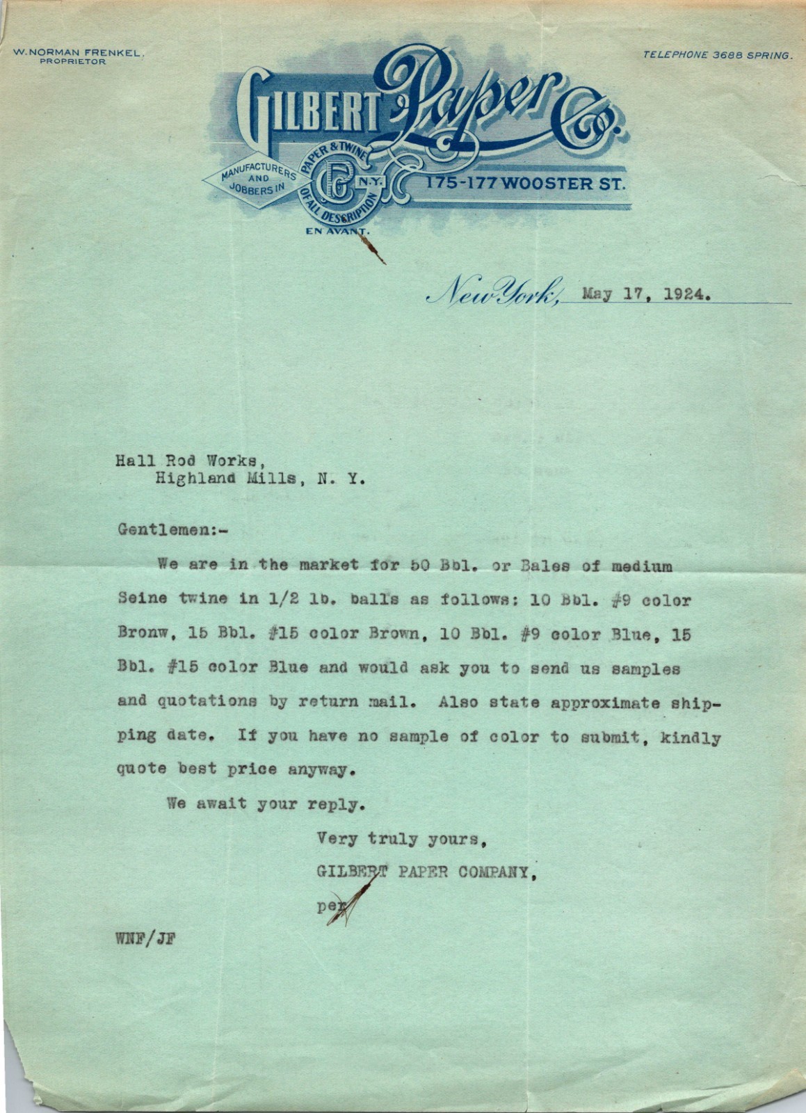 Gilbert Paper Co 1924 W Norman Frenkel NY Antique Letterhead Billhead TC24