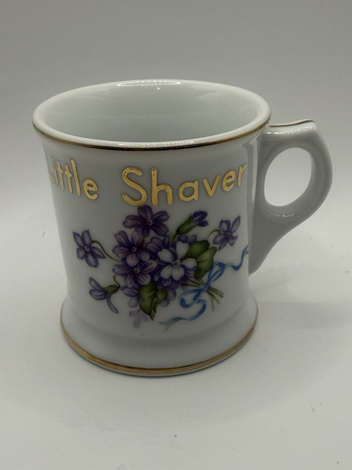 Vintage For A Little Shaver 6 oz Shaving Mug Purple Flowers Gold Rim Details