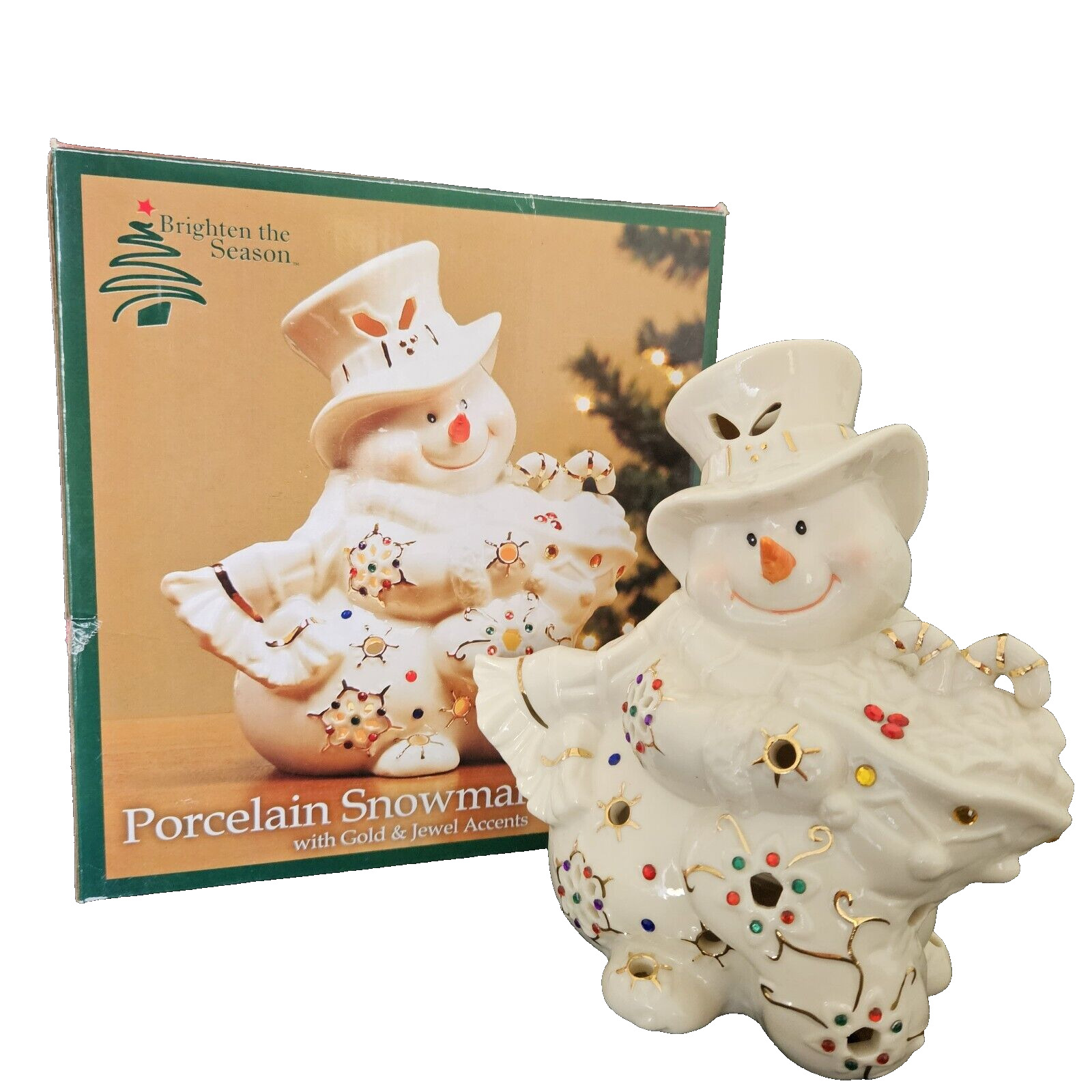 Porcelain Snowman Votive Gold and Jewel Accents