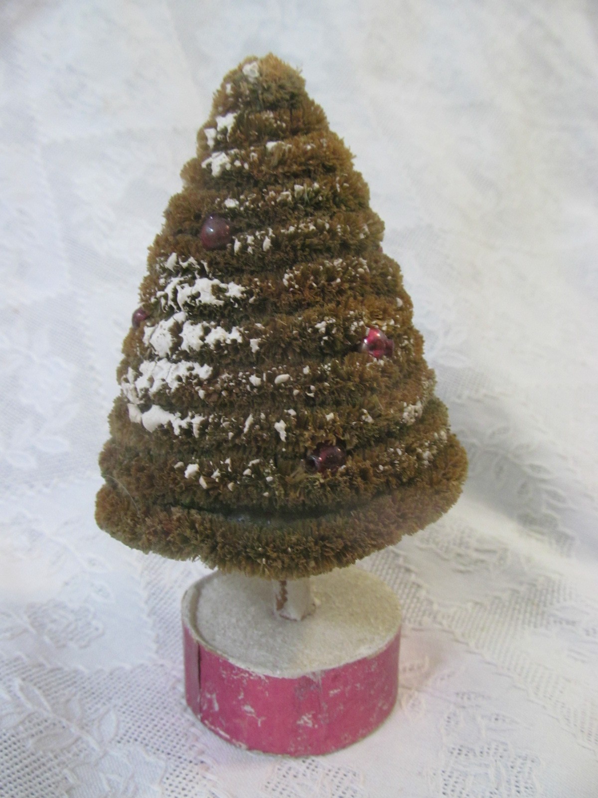 Vintage Flocked Chenille Christmas Tree w/Mica Covered Pink Putz Base 5\