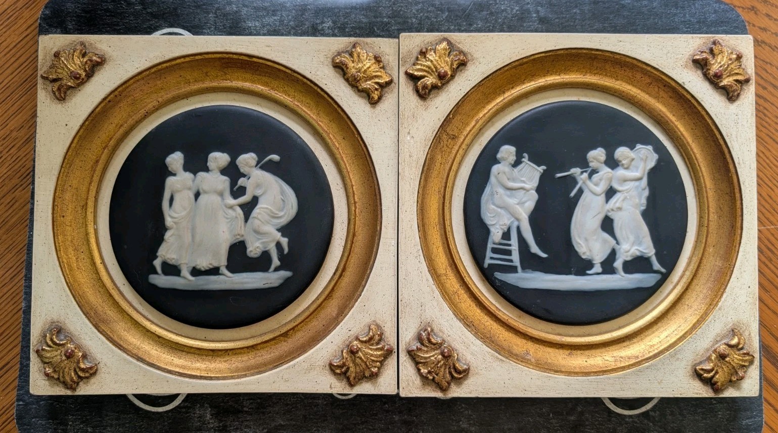 Camille Tharaud Limoges Pâte-sur-Pâte Framed Plaque Pair Three Graces Musicians