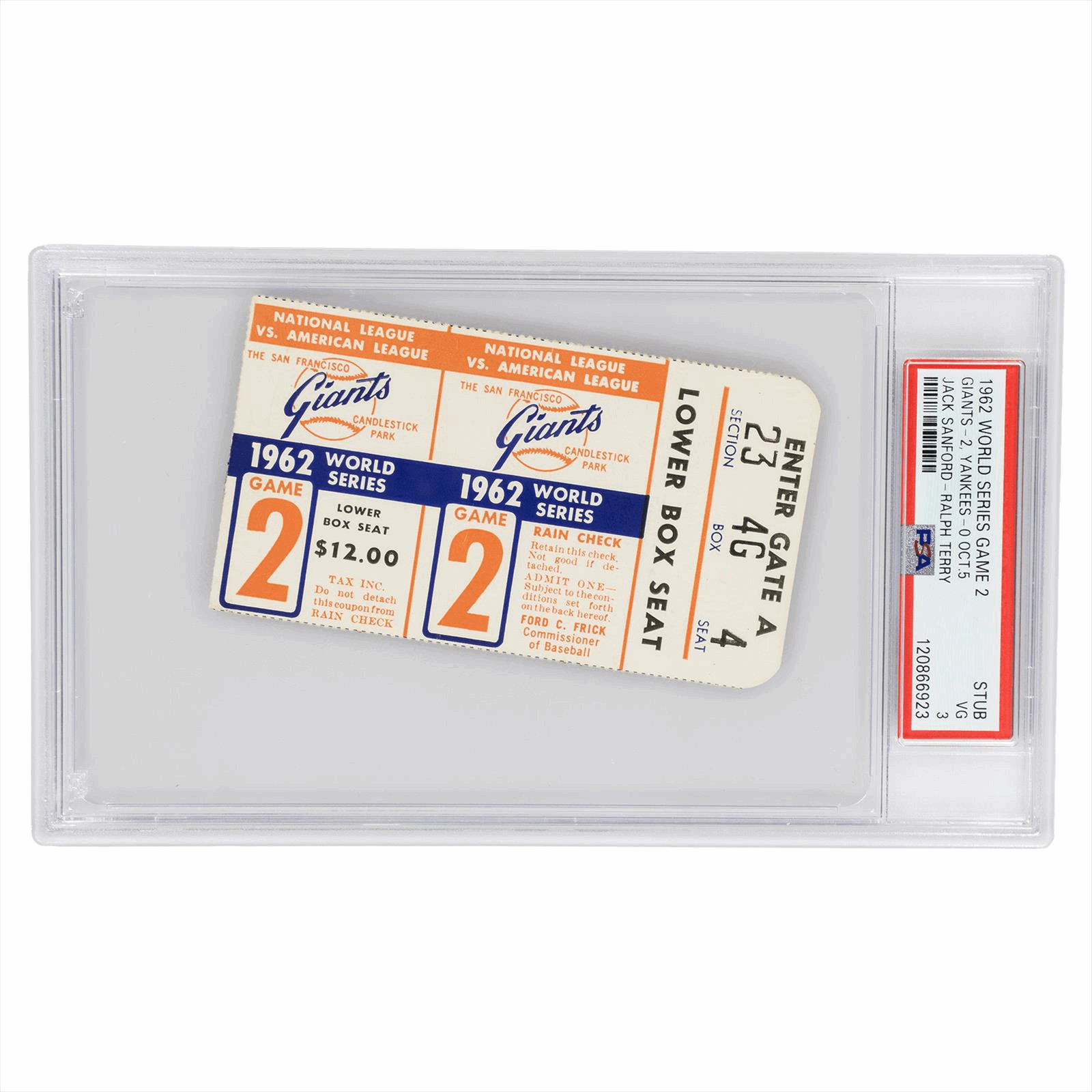 1962 World Series GM.2-Stub SFG-2, NYY-0 Jack Sanford-Ralph Terry PSA VG 3