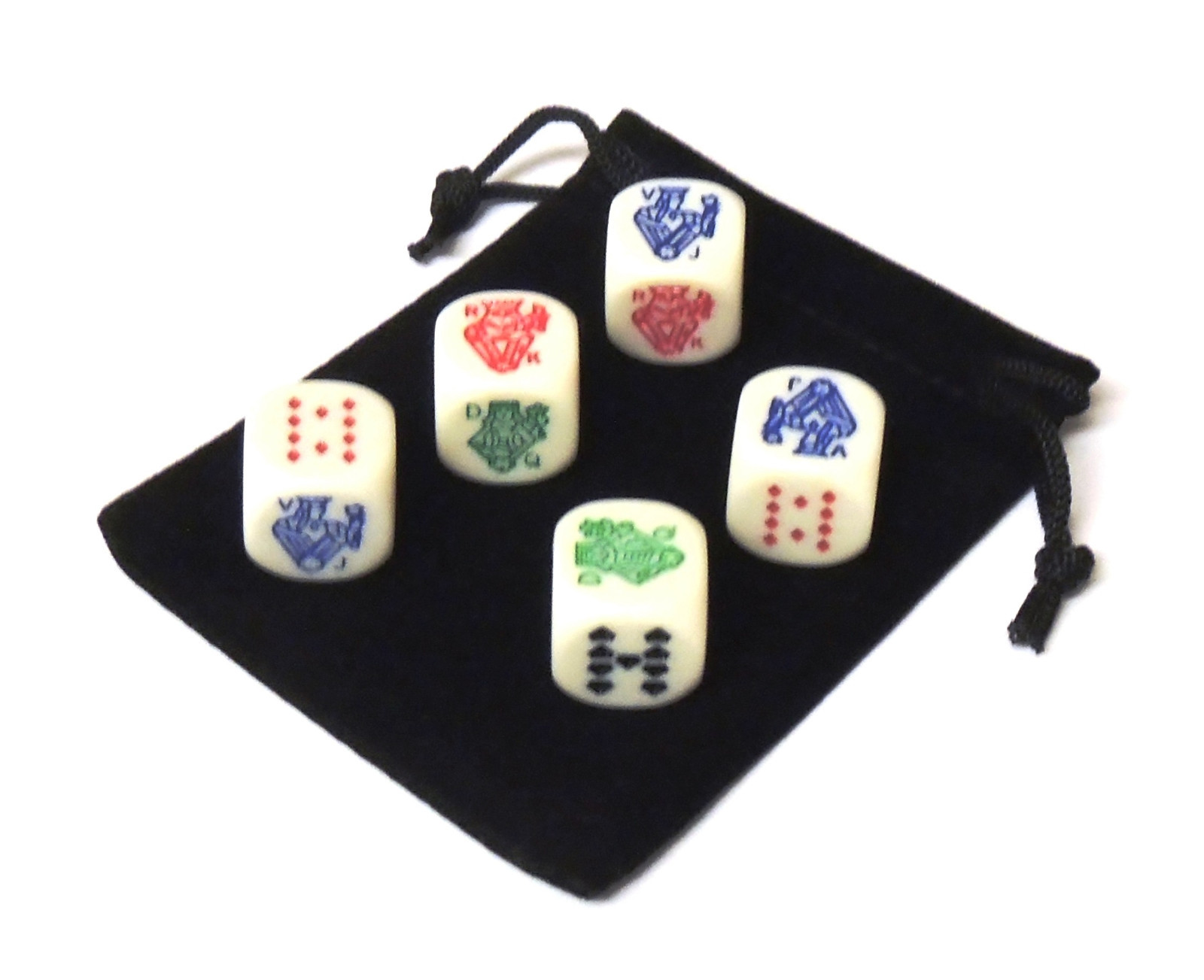 Set of 5 Rounded Corner 16mm Poker Dice with Black Velveteen Dice Bag