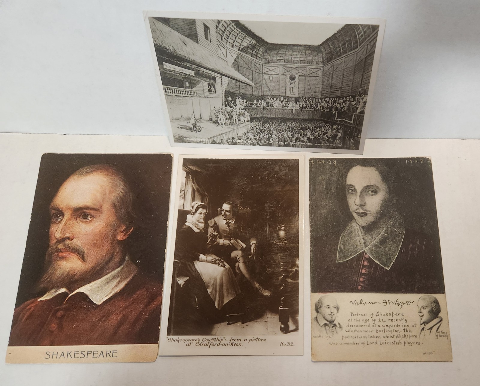4 Vintage Shakespeare Postcards Portrait Courtship Ann Hathaway Globe Theatre