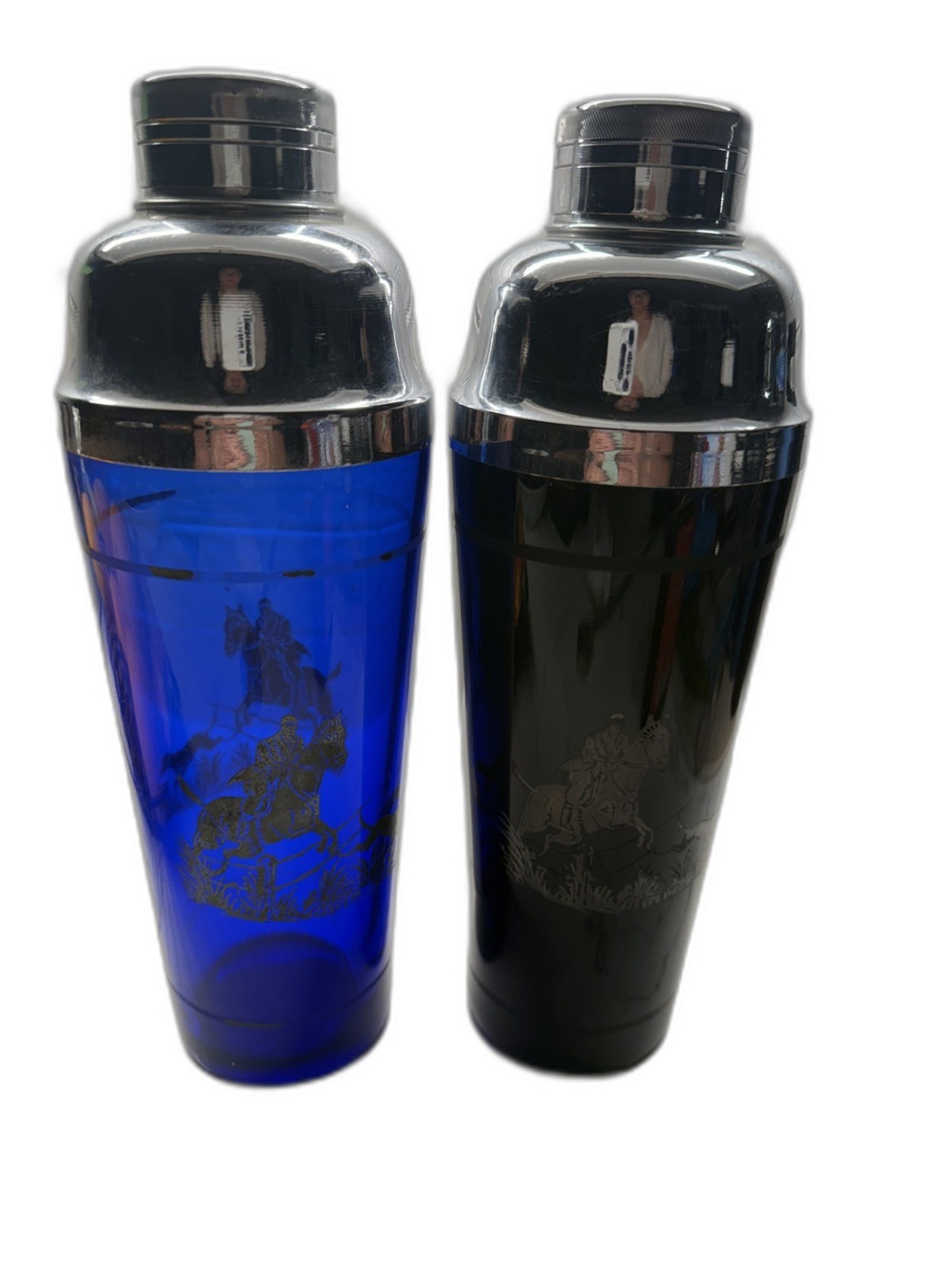 Vtg Sterling Silver Overlay Cocktail Shakers Cobalt Blue Black Fox Hunt Pair
