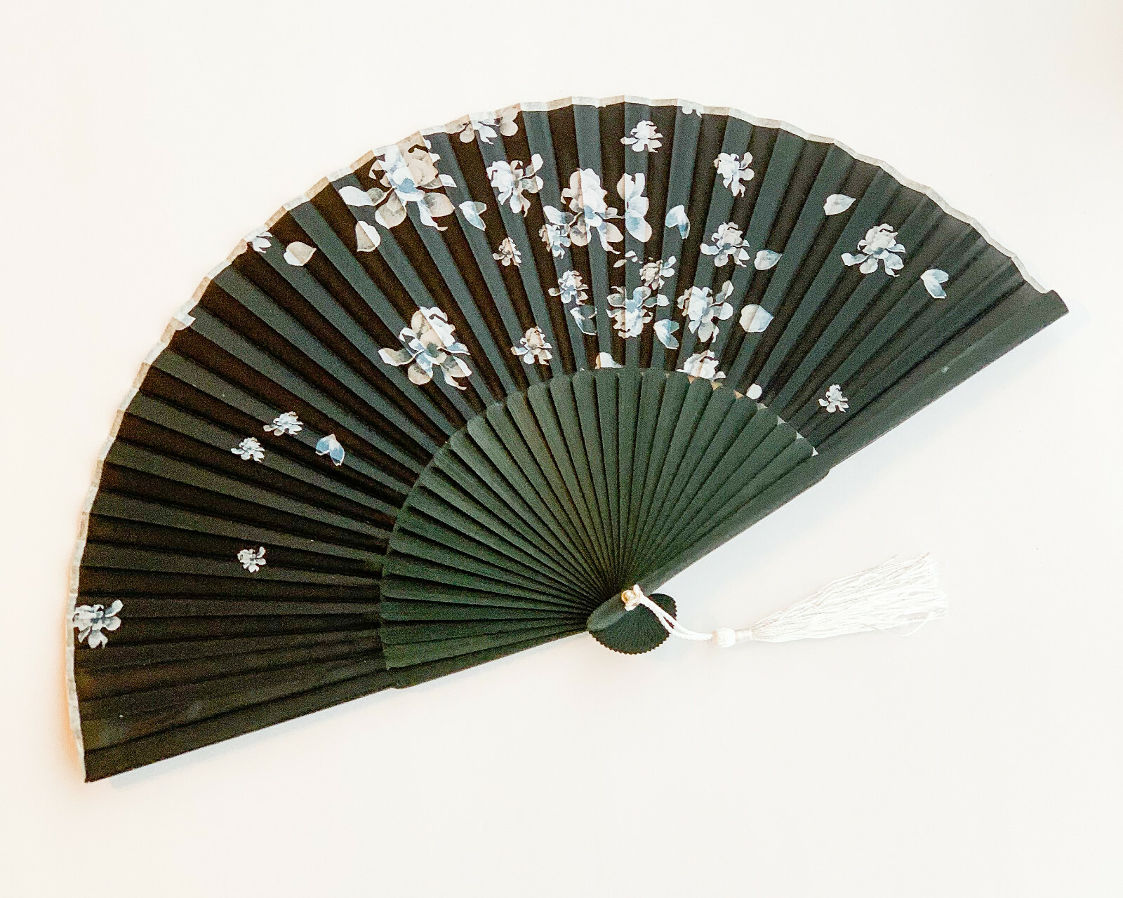Chinese Japanese Black Bamboo Handfan Folding Fan with White Lotus Flower Print