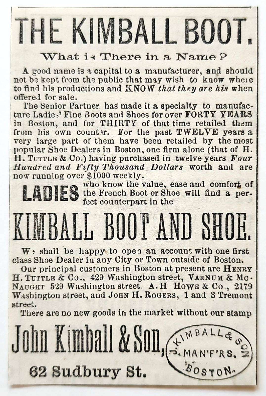 1876 John Kimball Boots And Shoes Advertisement Boston Massachusetts Footwear