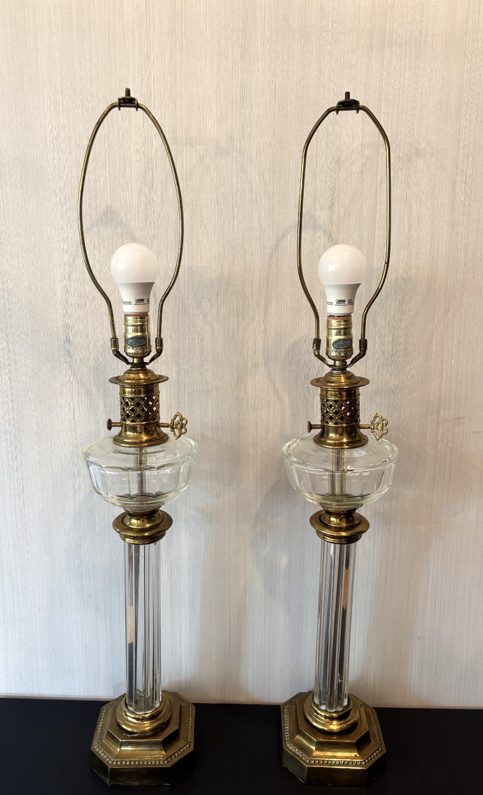 Vintage Crystal Brass Neoclassic Column Table Lamps 36\